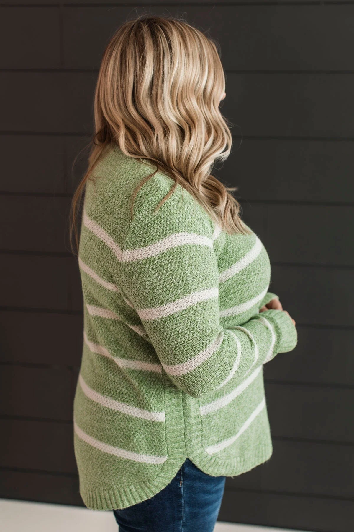 Way Of Life Striped Knit Sweater- Green & Ivory - Image 6