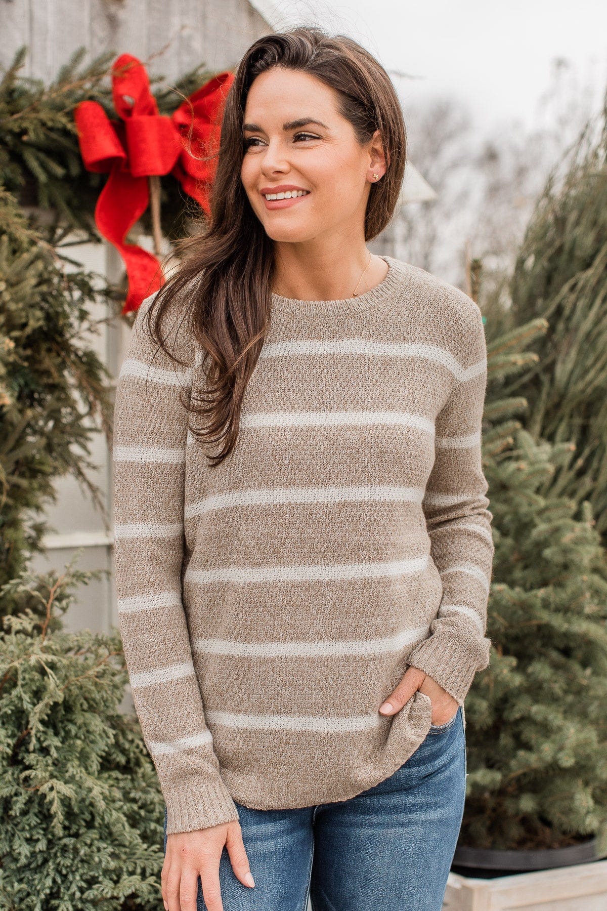 Way Of Life Striped Knit Sweater- Oatmeal & Ivory - Image 5