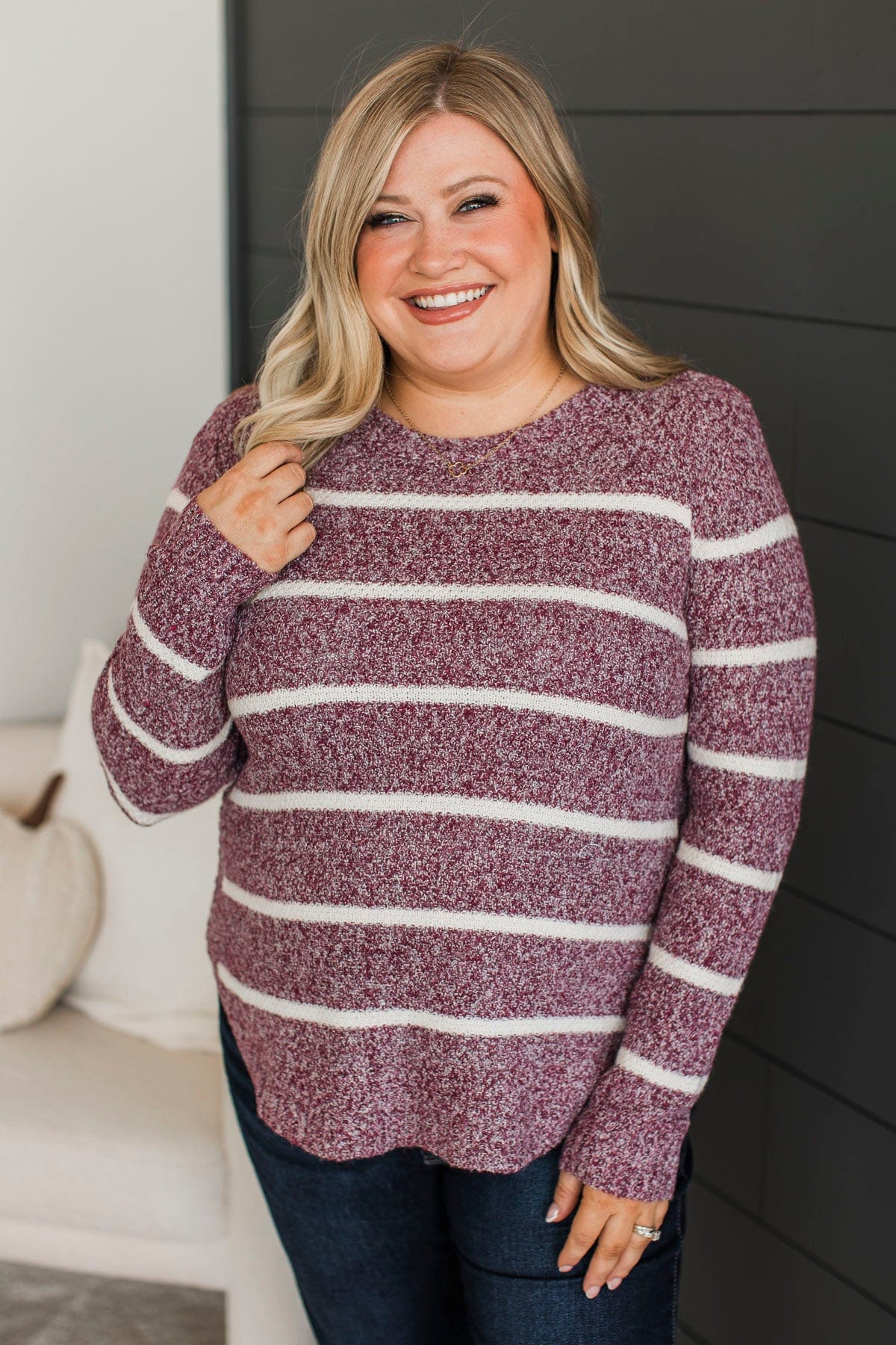 Way Of Life Striped Knit Sweater- Plum - Image 3