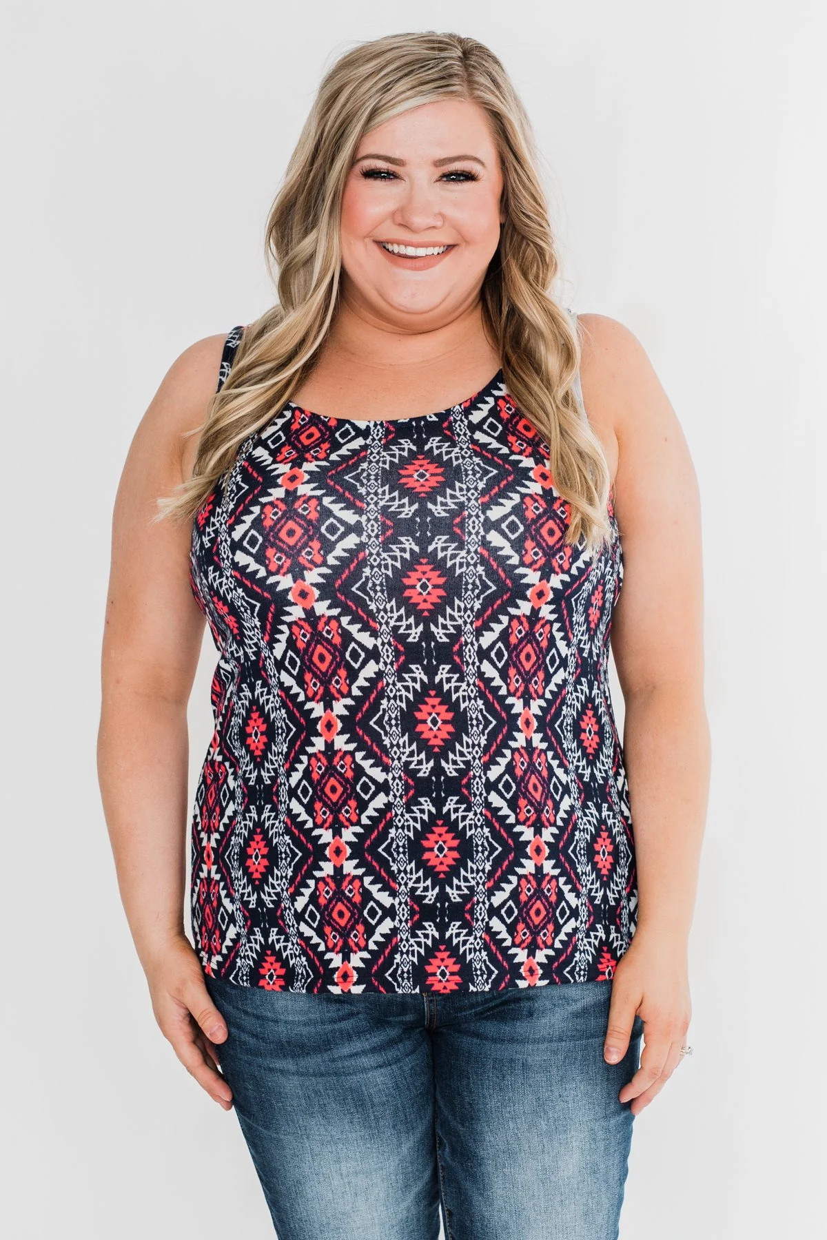We Found Love Aztec Bow Tank Top- Navy & Neon Pink - Image 5