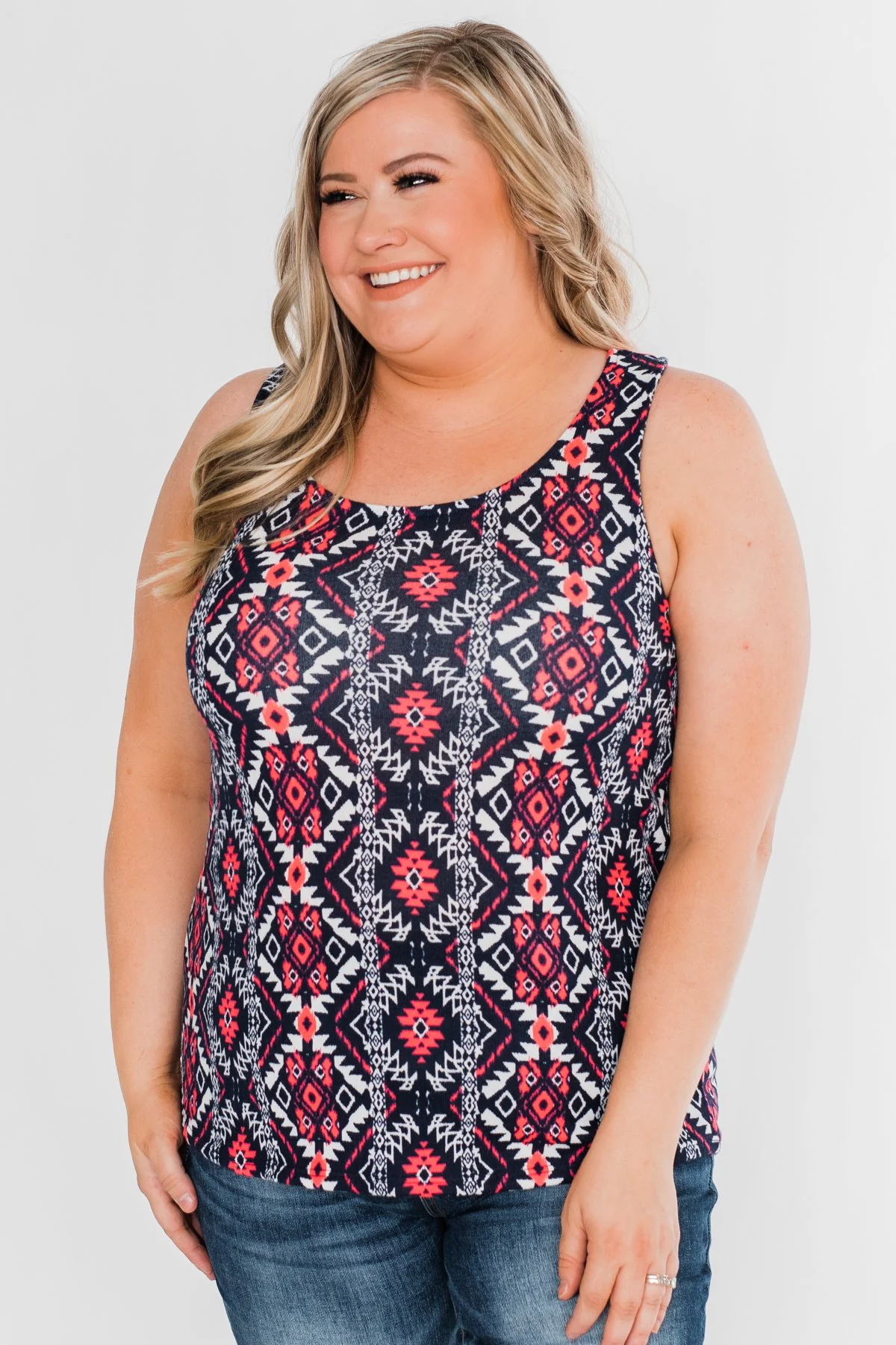 We Found Love Aztec Bow Tank Top- Navy & Neon Pink - Image 7