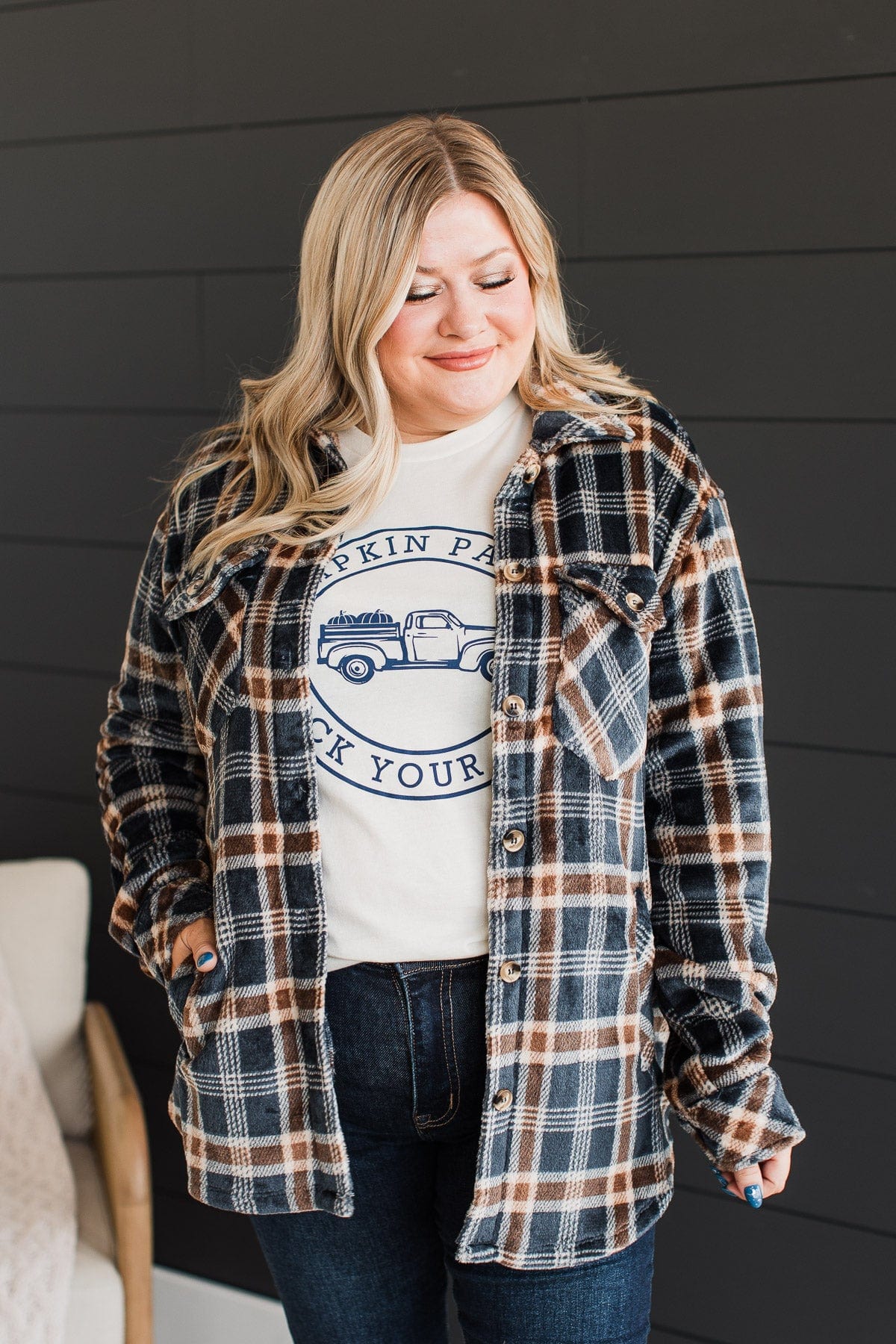 Weekend Plans Button Up Plaid Jacket- Navy - Image 2