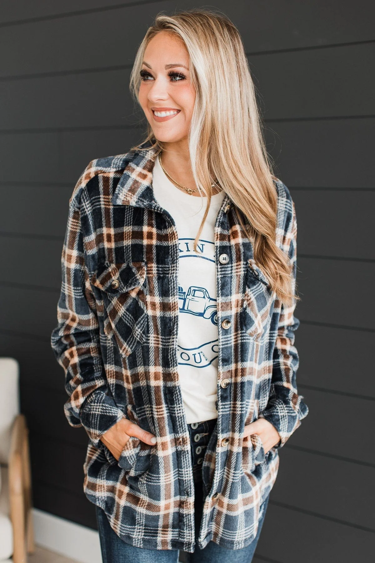 Weekend Plans Button Up Plaid Jacket- Navy - Image 3