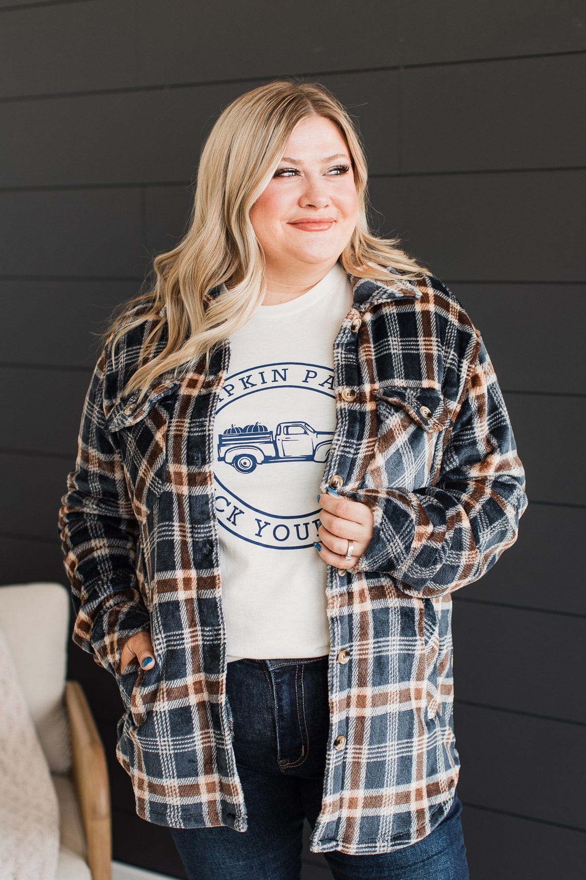 Weekend Plans Button Up Plaid Jacket- Navy - Image 5