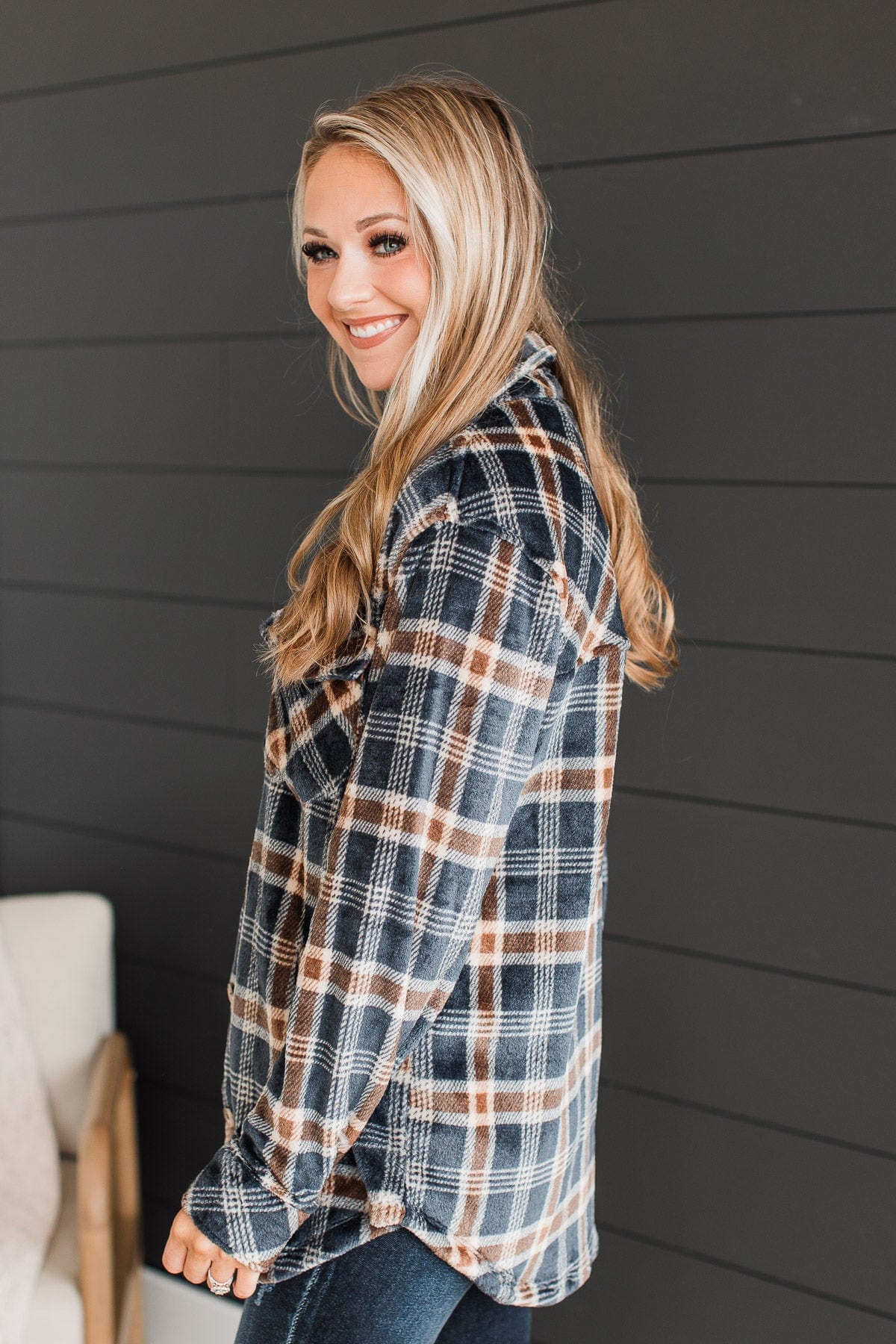 Weekend Plans Button Up Plaid Jacket- Navy - Image 6