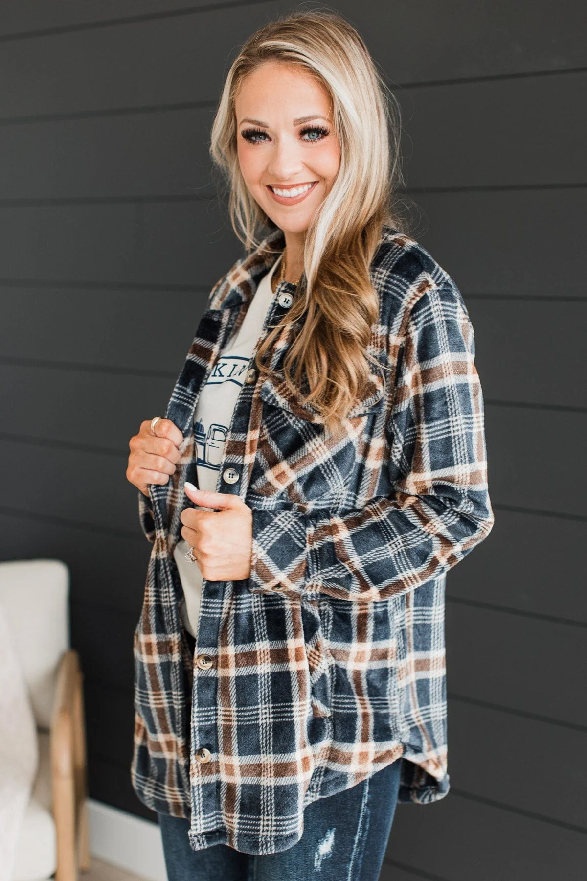 Weekend Plans Button Up Plaid Jacket- Navy - Image 8
