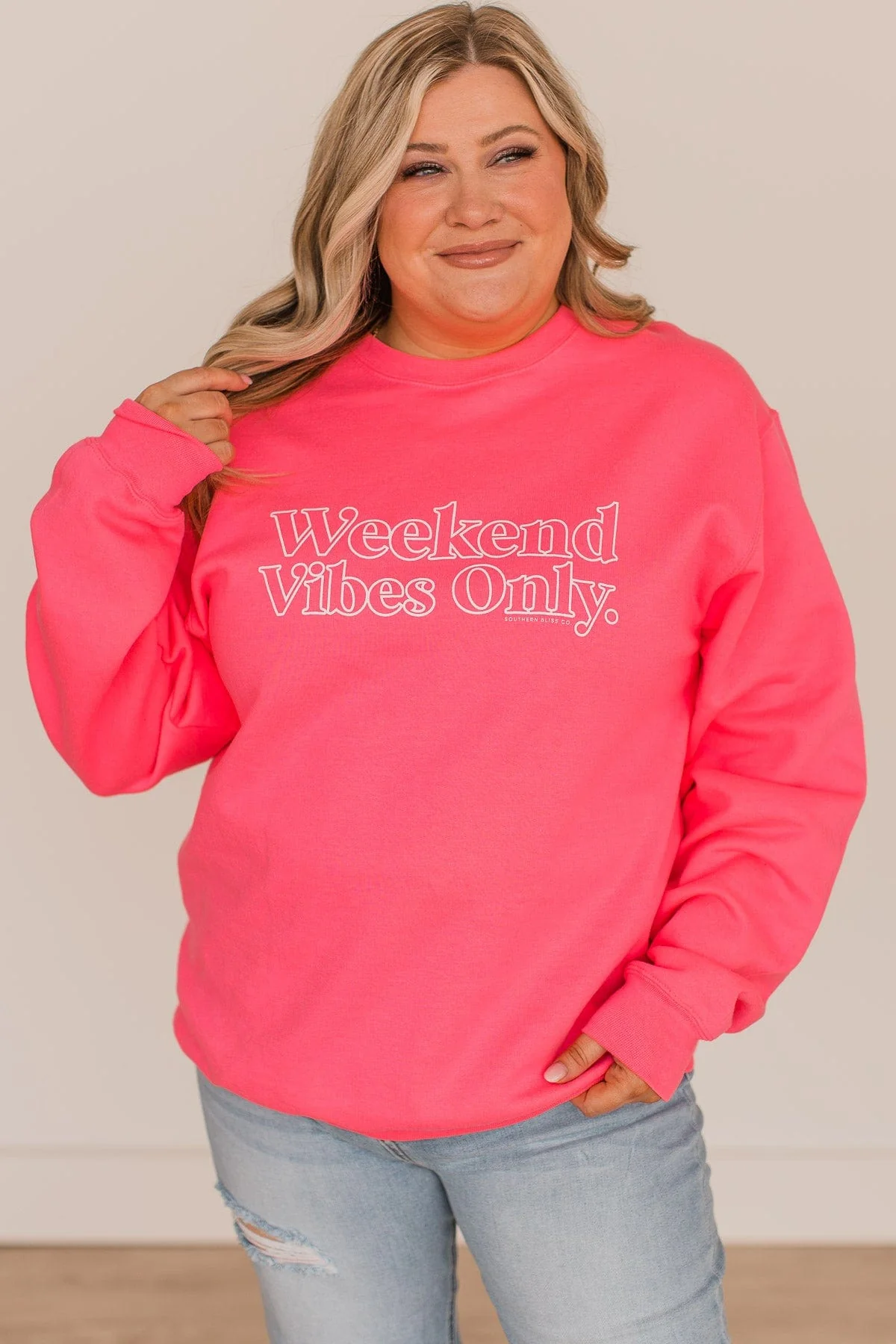 "Weekend Vibes Only" Crew Neck Pullover- Neon Pink - Image 3