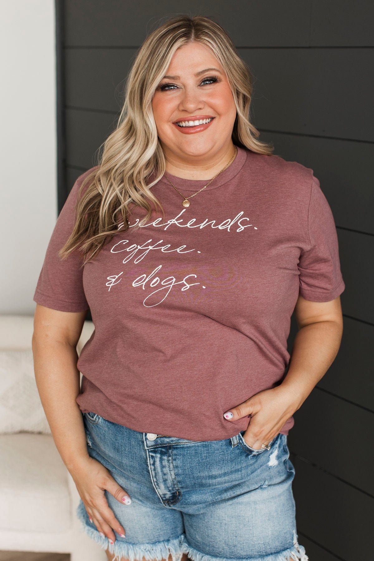 "Weekends. Coffee. & Dogs" Graphic Tee- Dark Mauve - Image 4