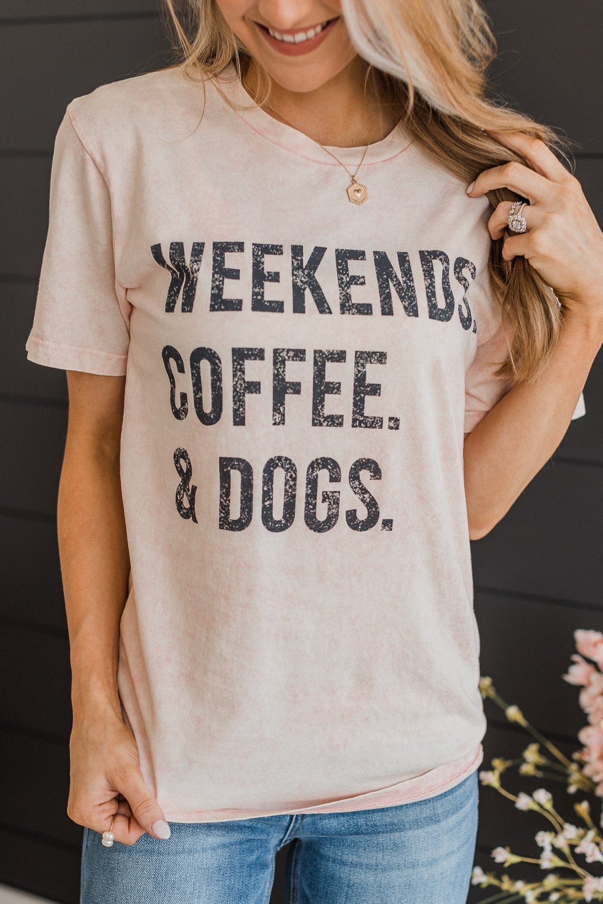 "Weekends, Coffee, & Dogs" Graphic Tee- Light Pink - Image 2