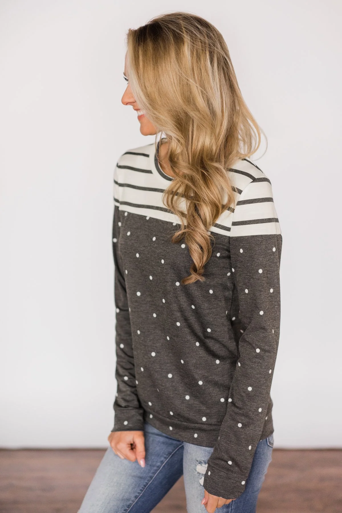 Welcome to the Party~Charcoal Polka Dot & Stripes Top - Image 3