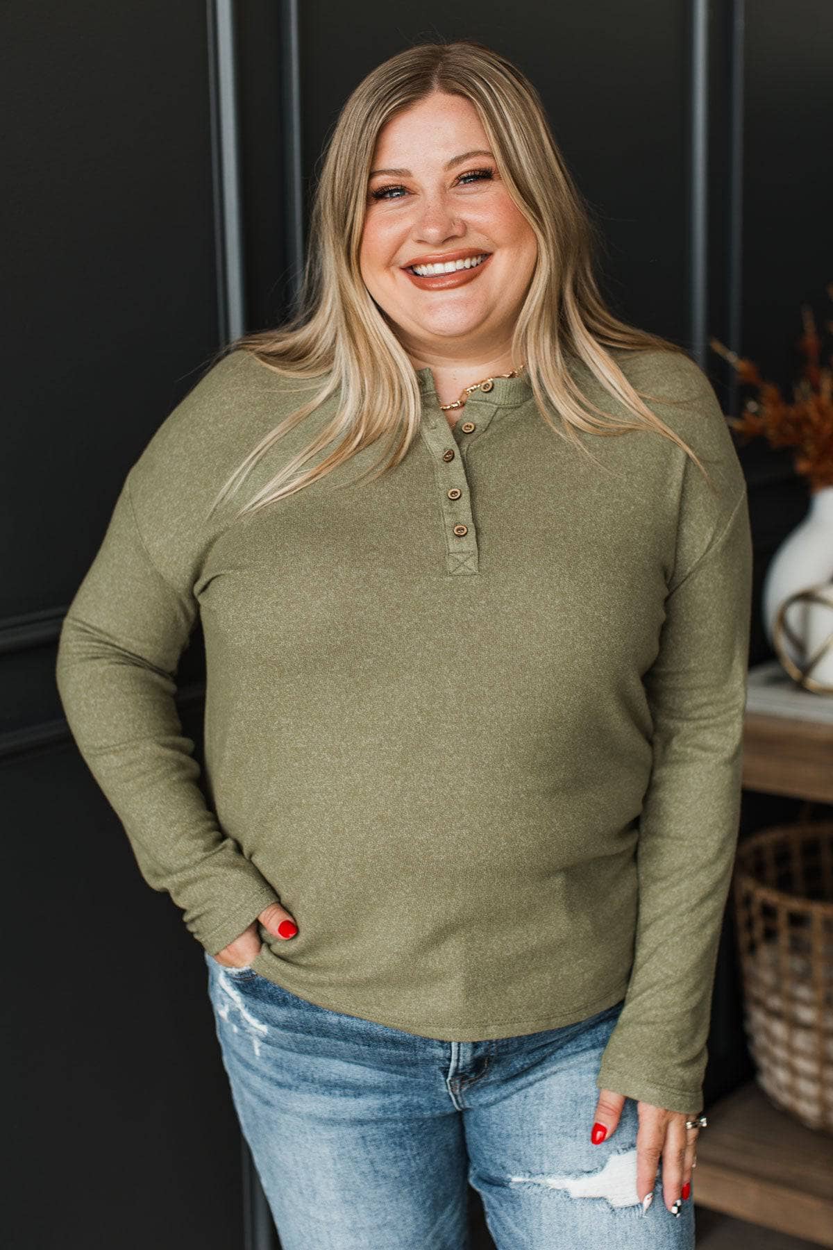 Welcoming It All Long Sleeve Henley Top- Dark Sage - Image 4
