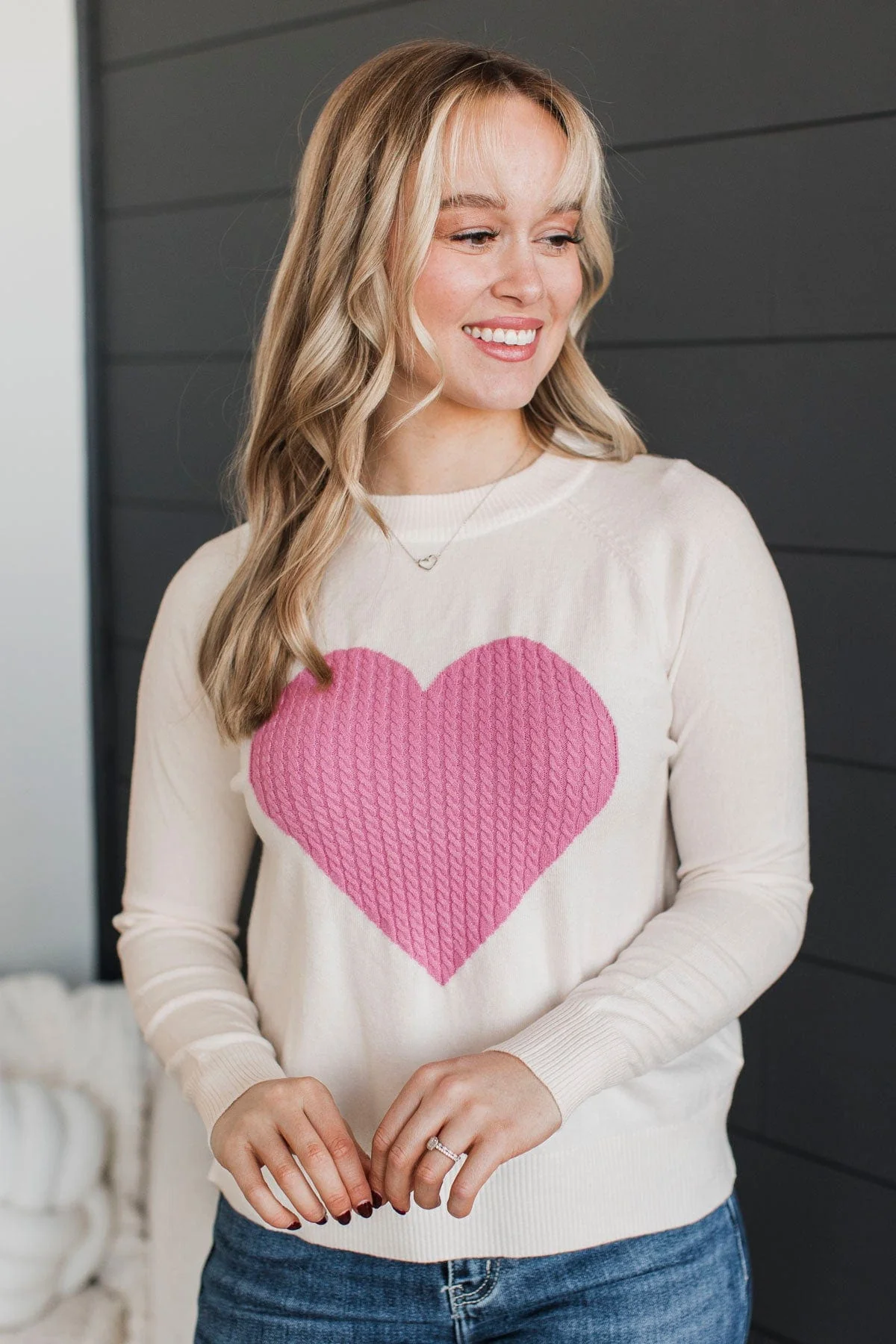 Welcoming Love Heart Knit Sweater- Ivory & Pink - Image 4