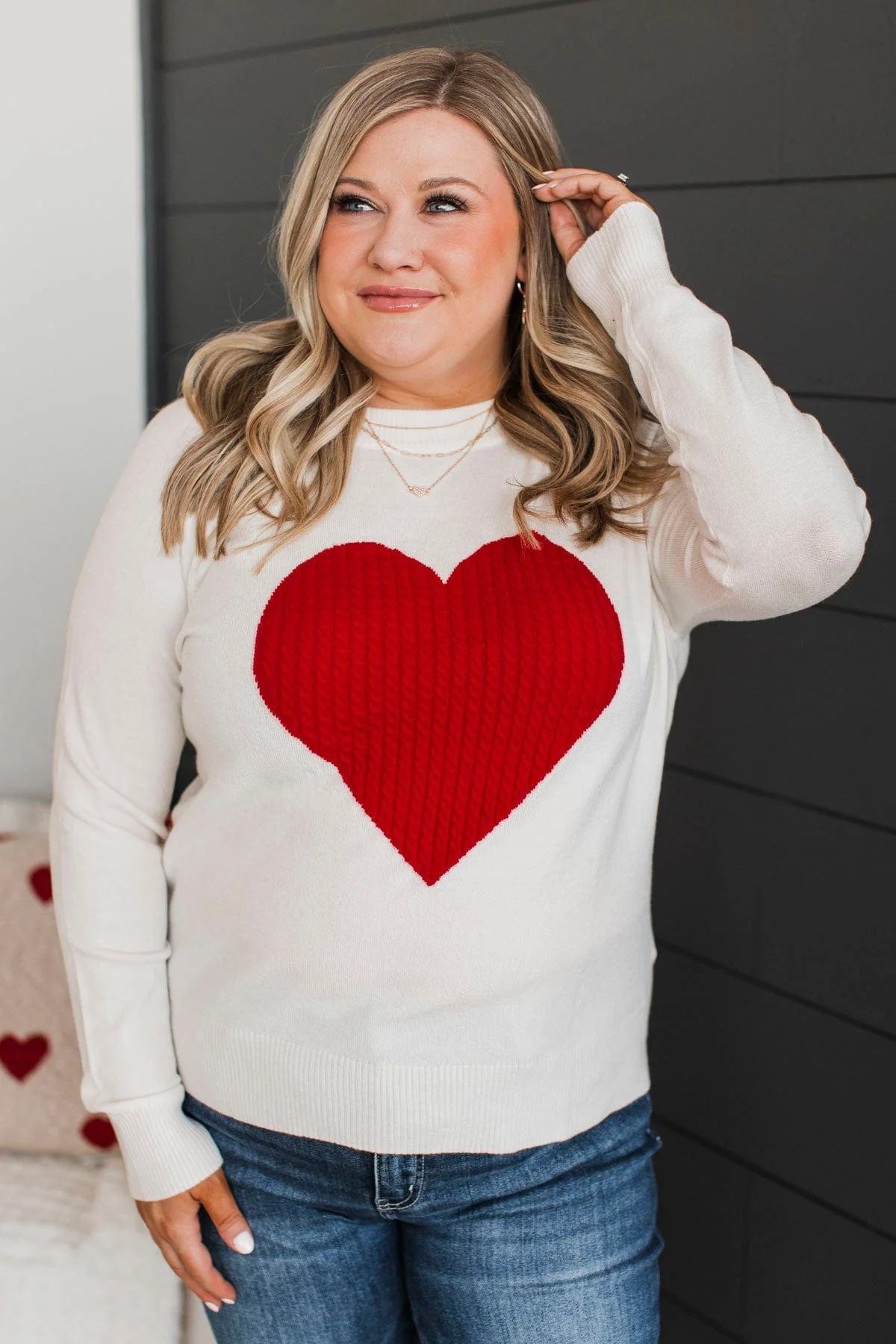 Welcoming Love Heart Knit Sweater- Ivory & Red - Image 4
