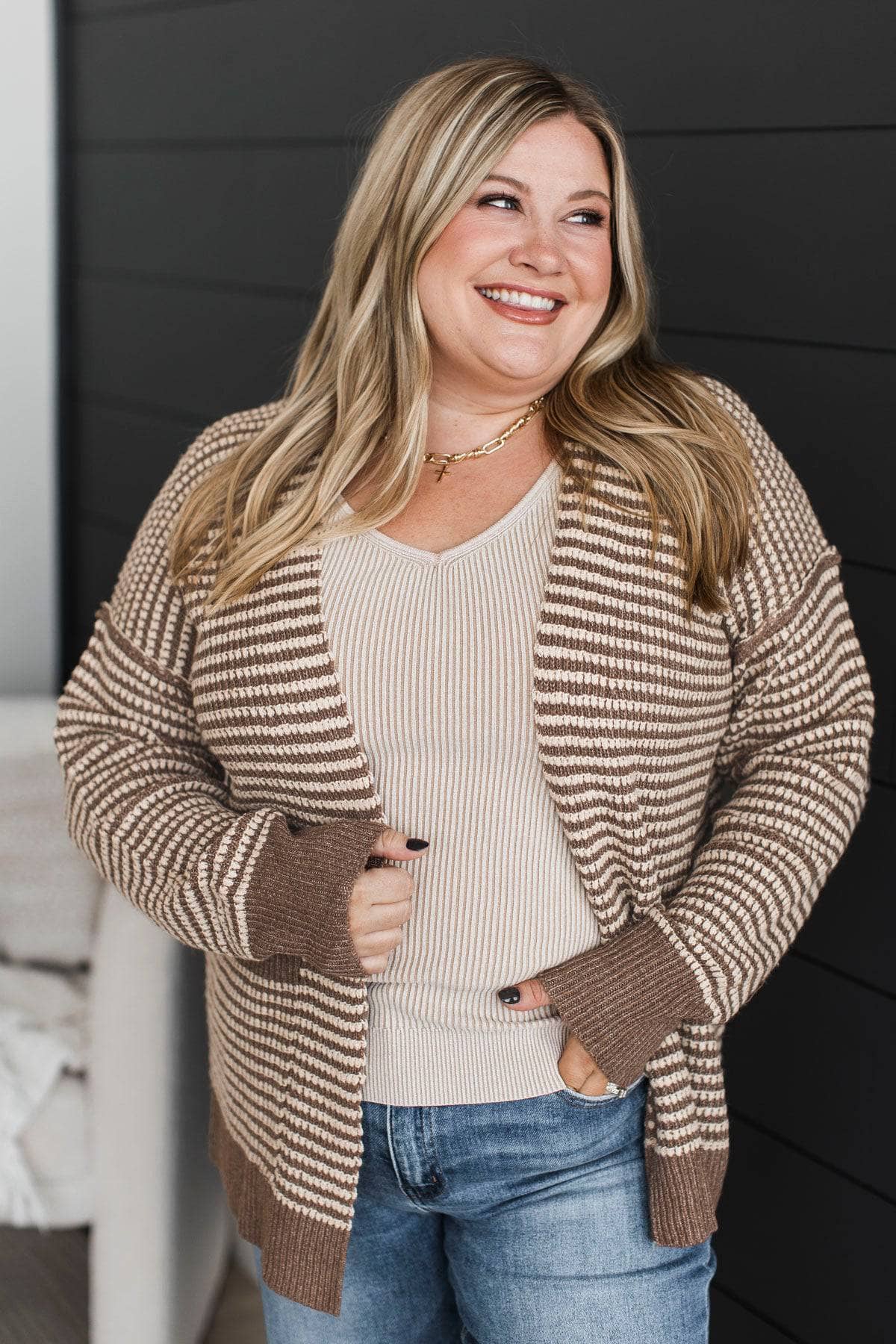 Welcoming Memories Waffle Knit Cardigan- Dark Mocha - Image 4