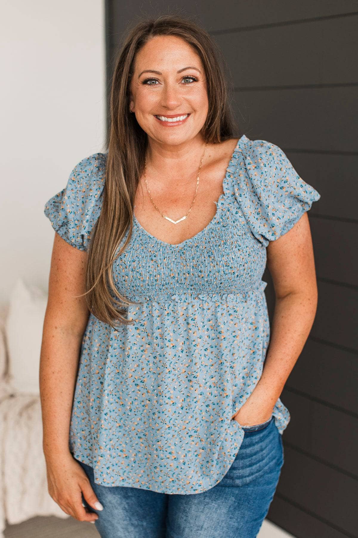 Welcoming Romance Smocked Floral Top- Denim Blue - Image 2