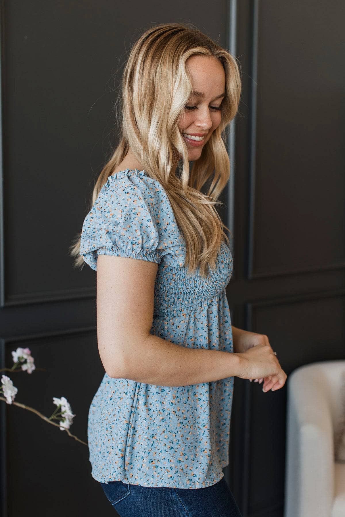 Welcoming Romance Smocked Floral Top- Denim Blue - Image 3