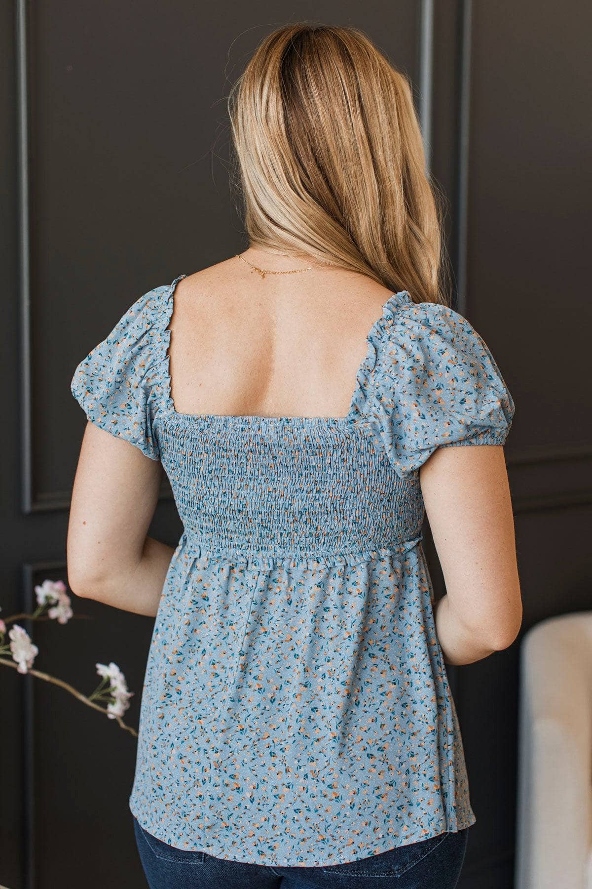 Welcoming Romance Smocked Floral Top- Denim Blue - Image 5