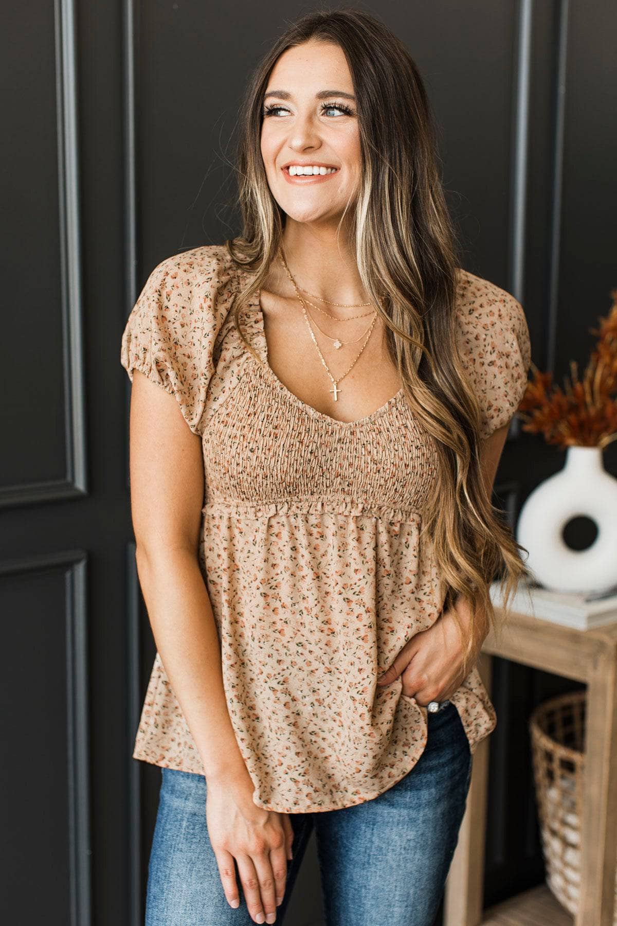 Welcoming Romance Smocked Floral Top- Light Tan