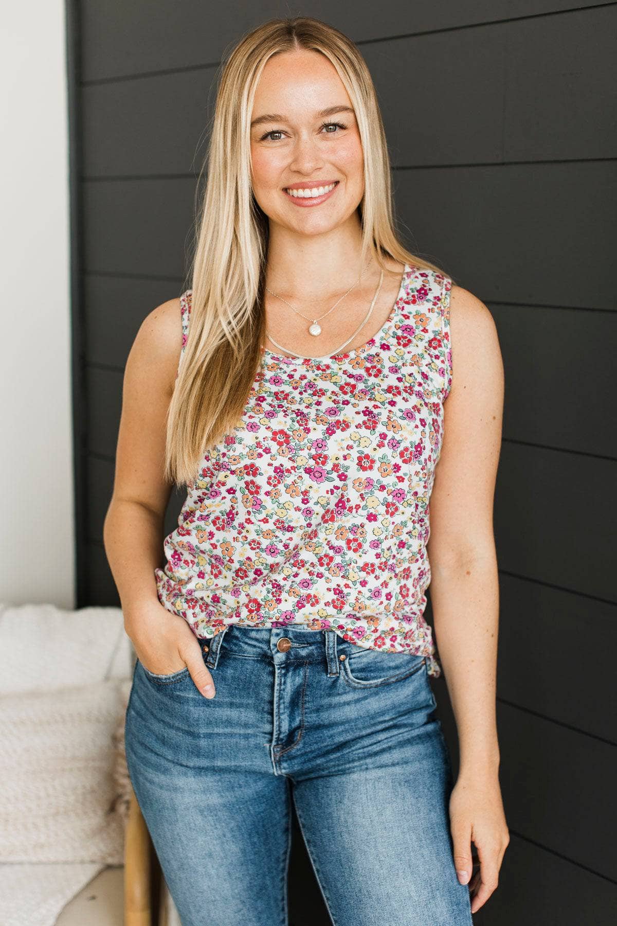 Welcoming Summer Floral Tank Top- Ivory Multi - Image 2