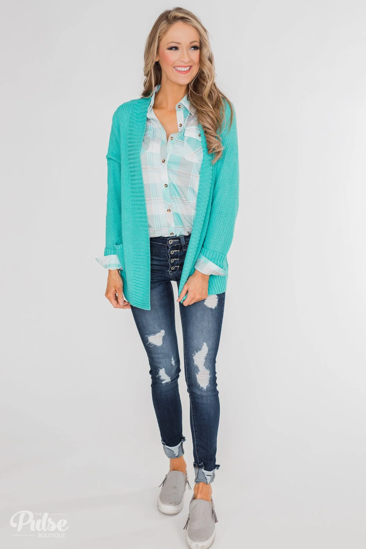 Welcoming To You Knitted Cardigan- Tiffany Blue - Image 2