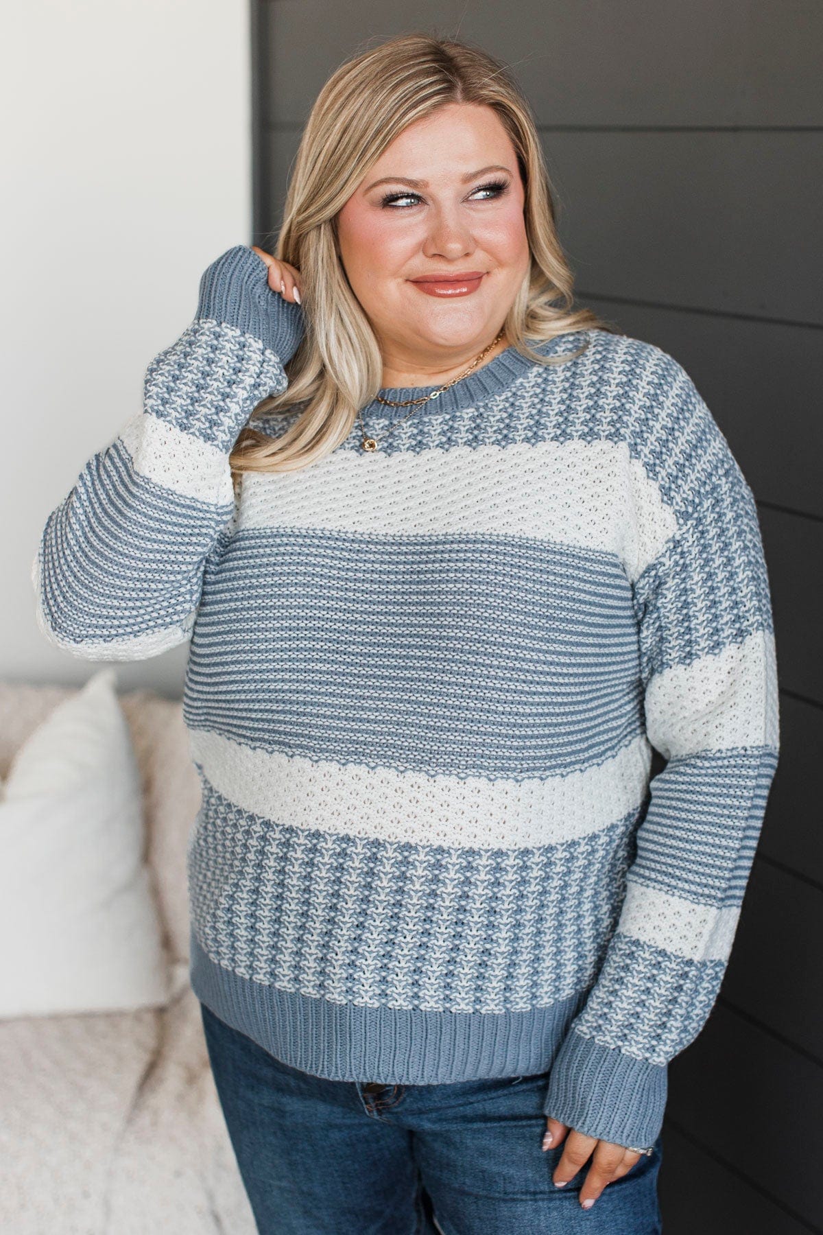 Welcoming Warmth Color Block Sweater- Ivory & Denim - Image 2