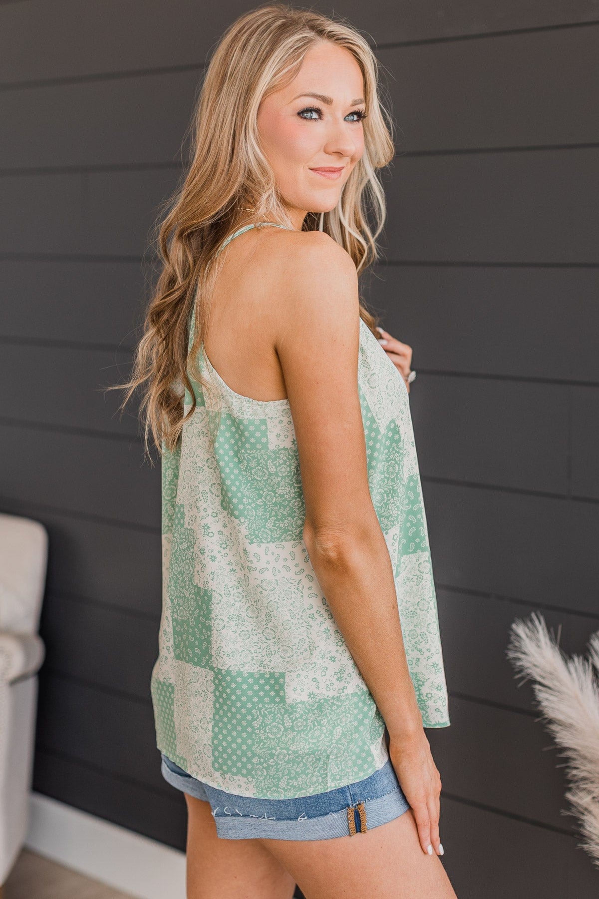 What A Catch Floral Patchwork Tank Top- Mint Green - Image 3