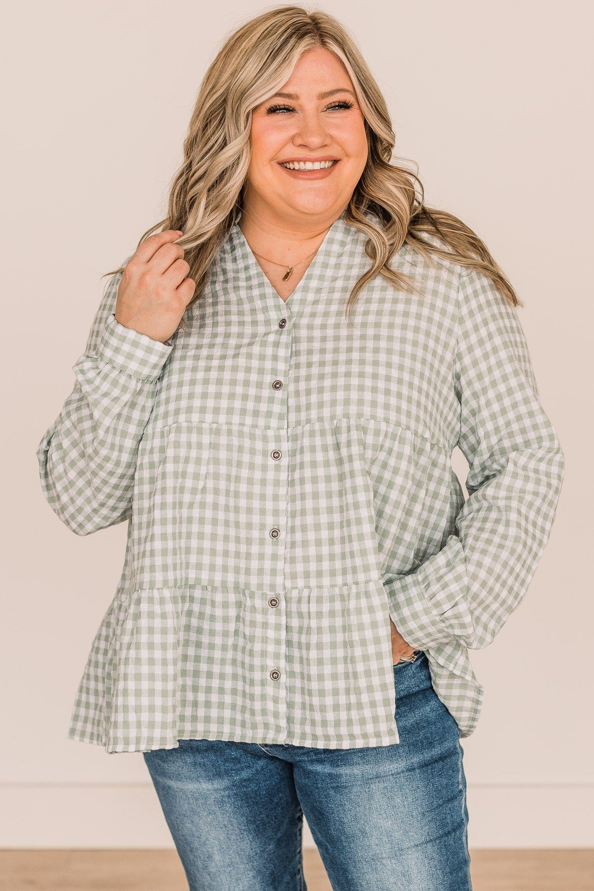What A Dream Long Sleeve Button Top- Sage - Image 3