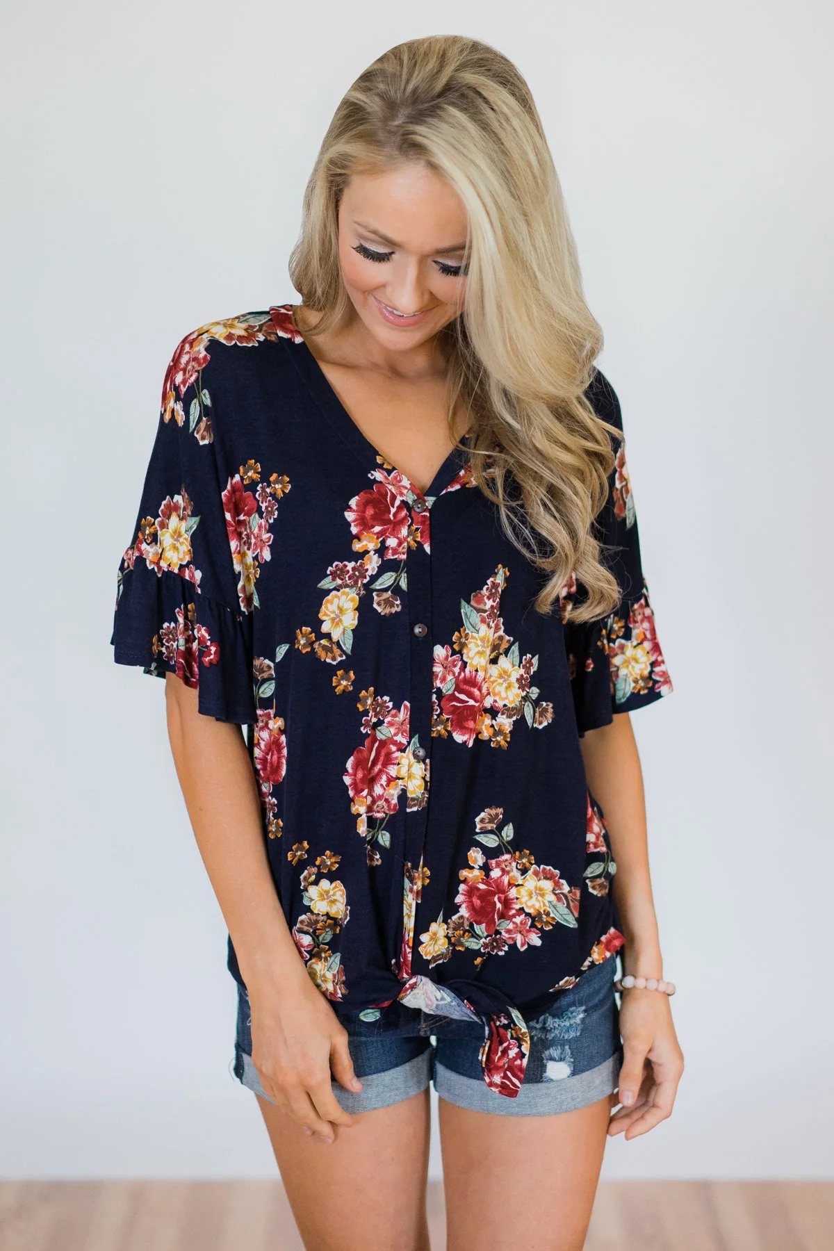What it Takes Floral Button Top- Navy - Image 2