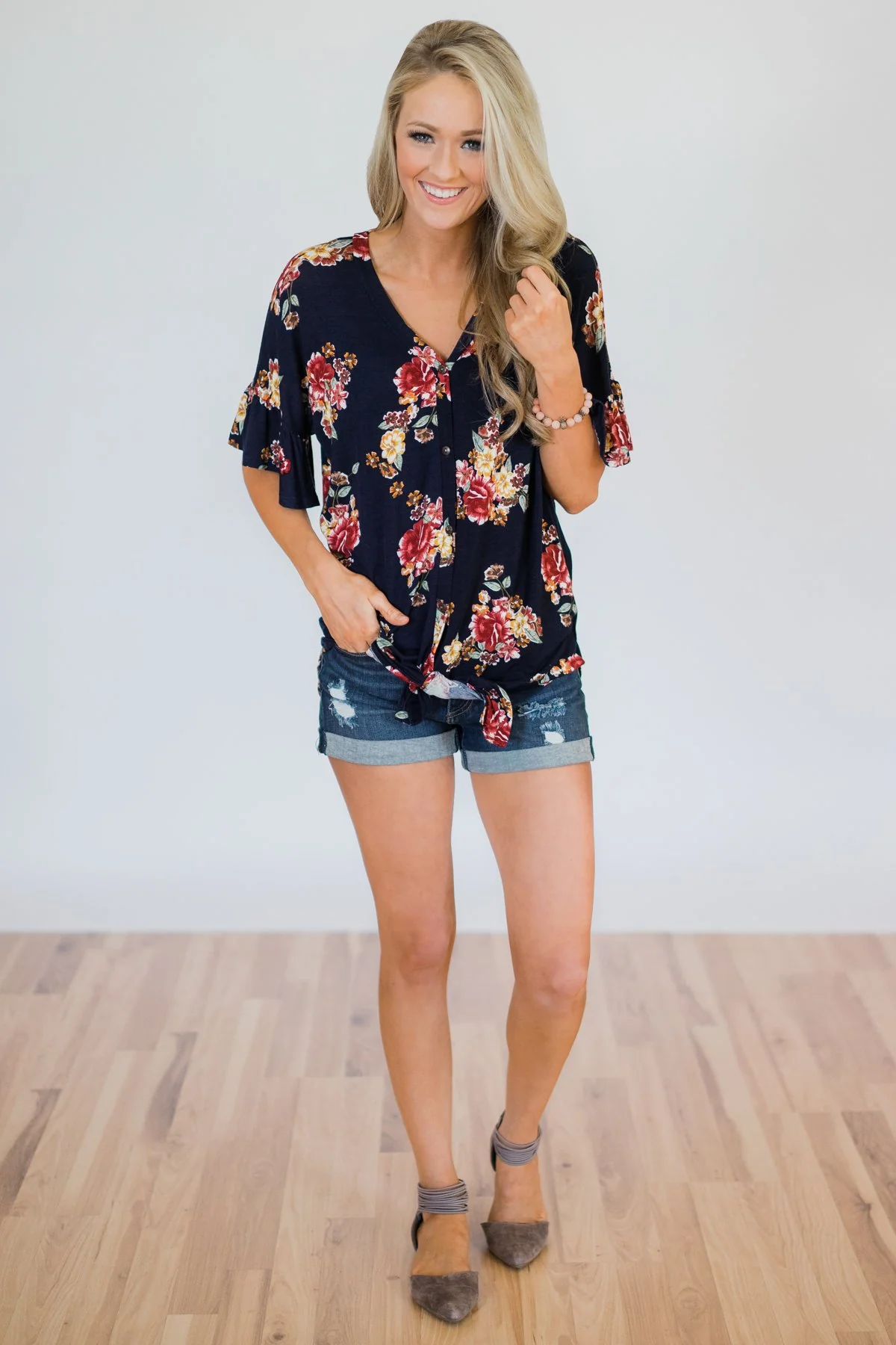 What it Takes Floral Button Top- Navy - Image 4