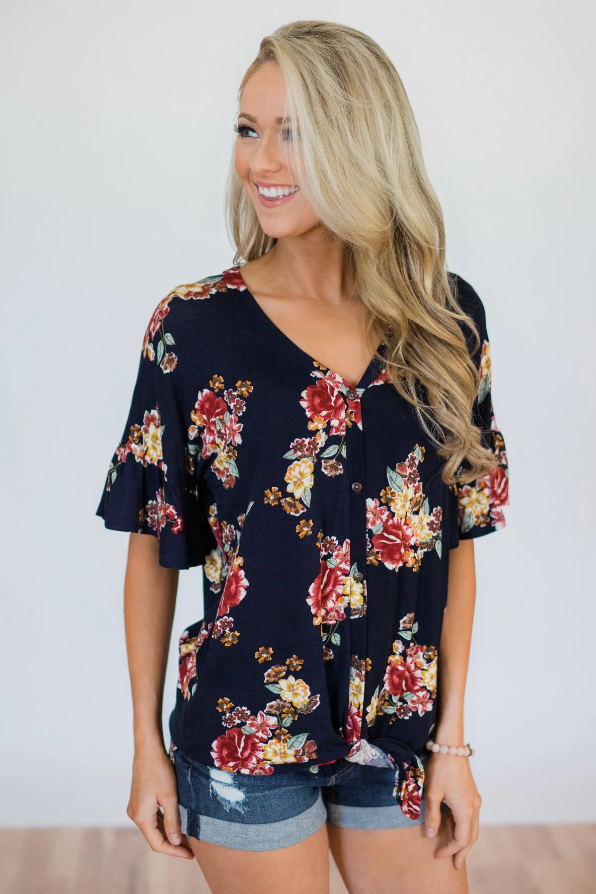 What it Takes Floral Button Top- Navy - Image 5