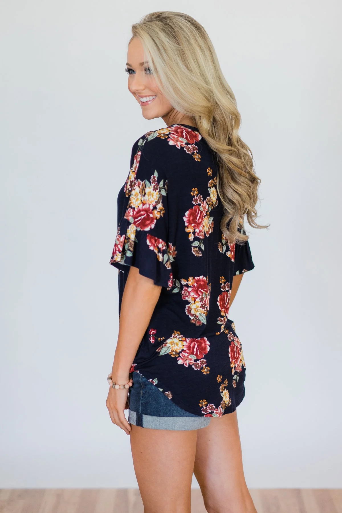 What it Takes Floral Button Top- Navy - Image 6