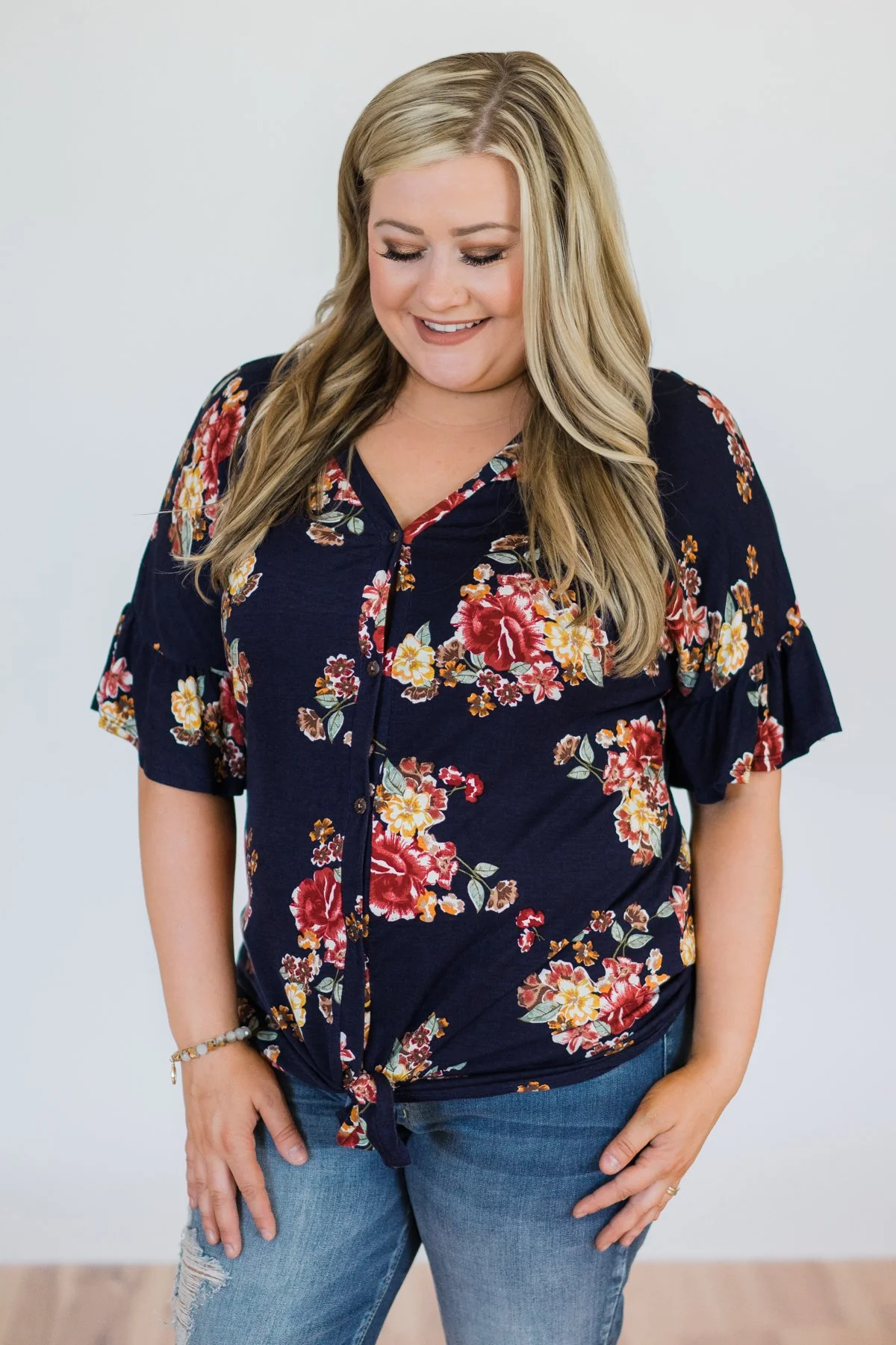 What it Takes Floral Button Top- Navy - Image 8