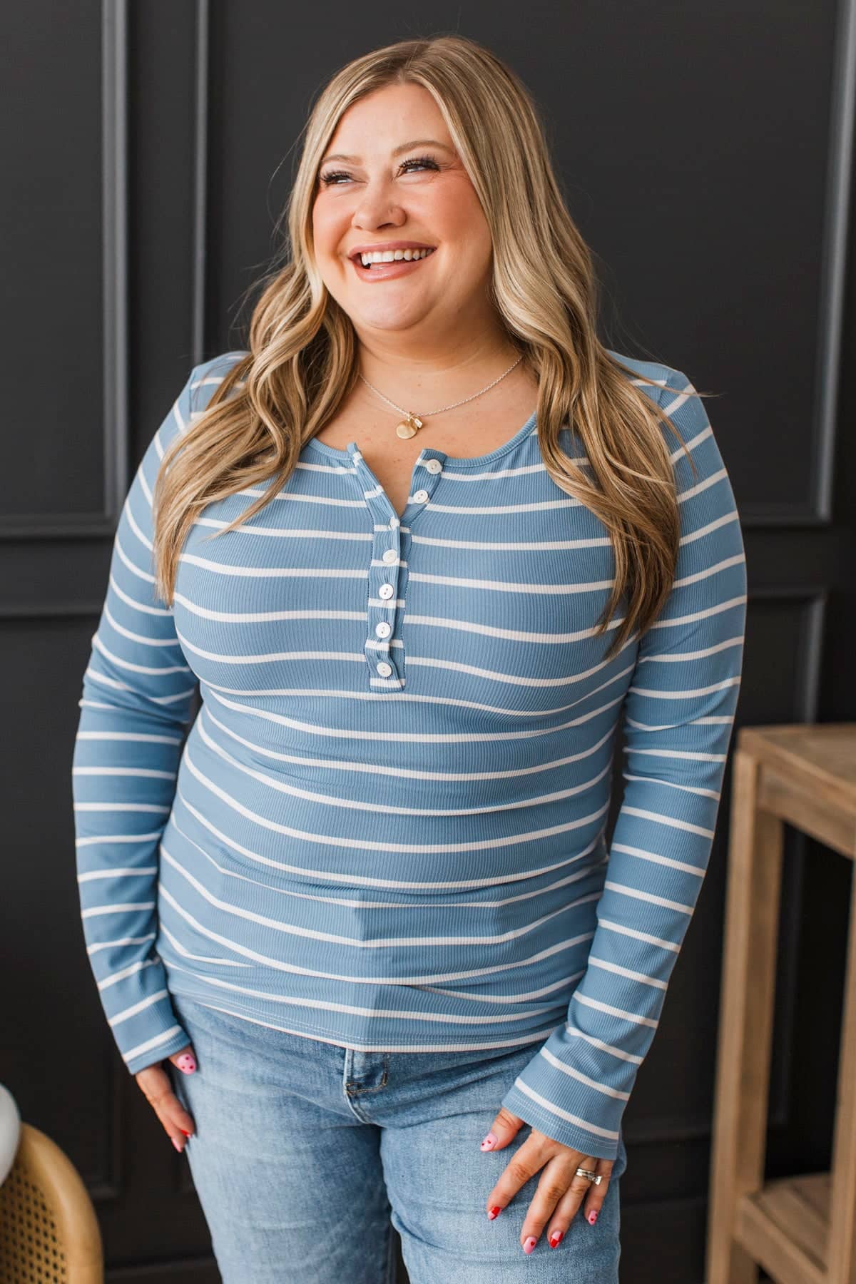What You Seek Striped Henley Top- Denim Blue - Image 3