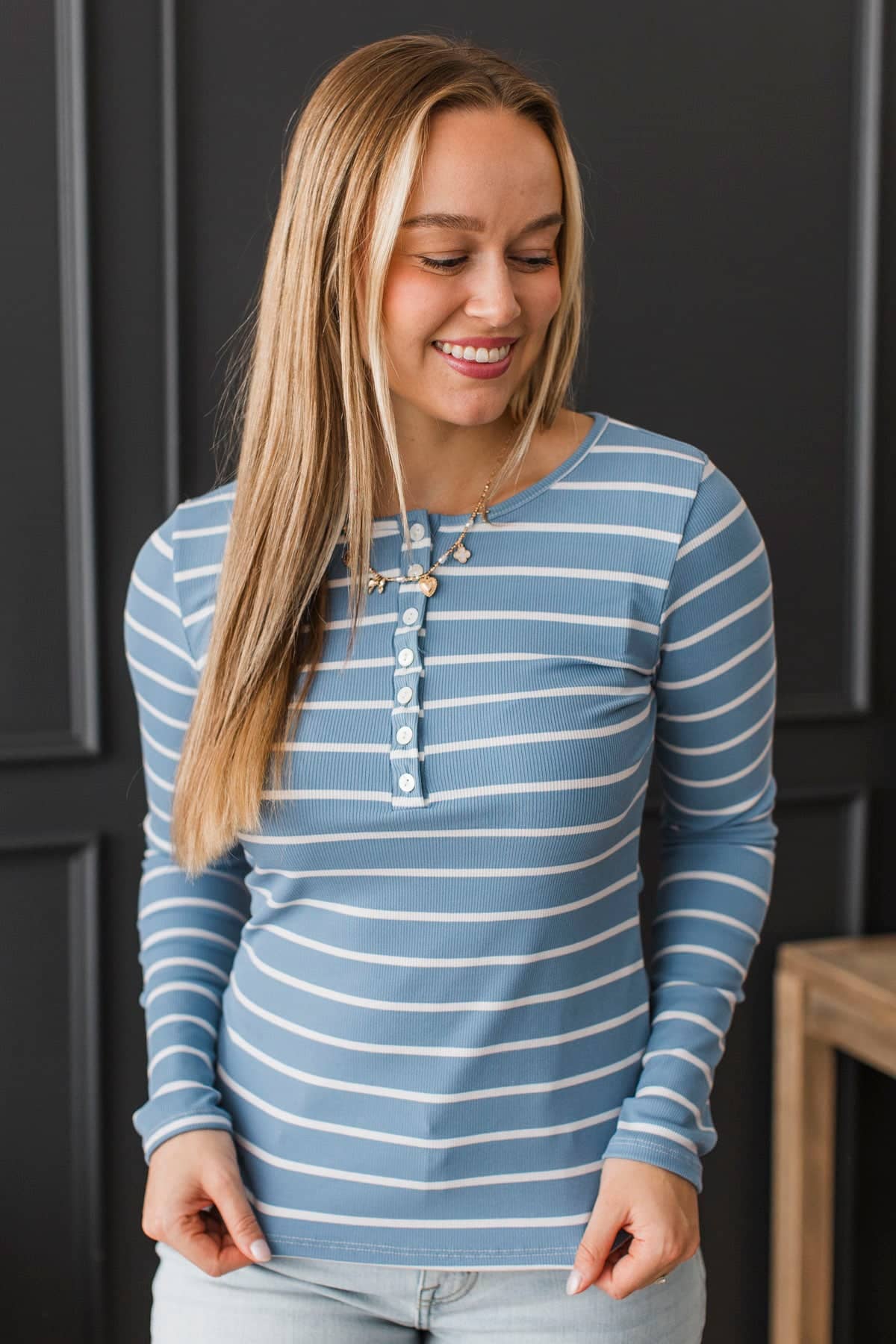 What You Seek Striped Henley Top- Denim Blue - Image 4