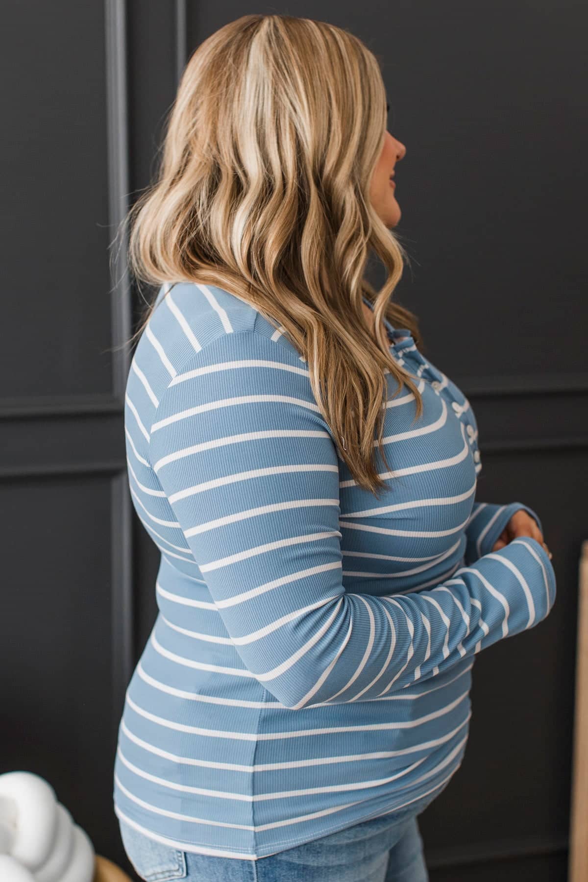 What You Seek Striped Henley Top- Denim Blue - Image 5