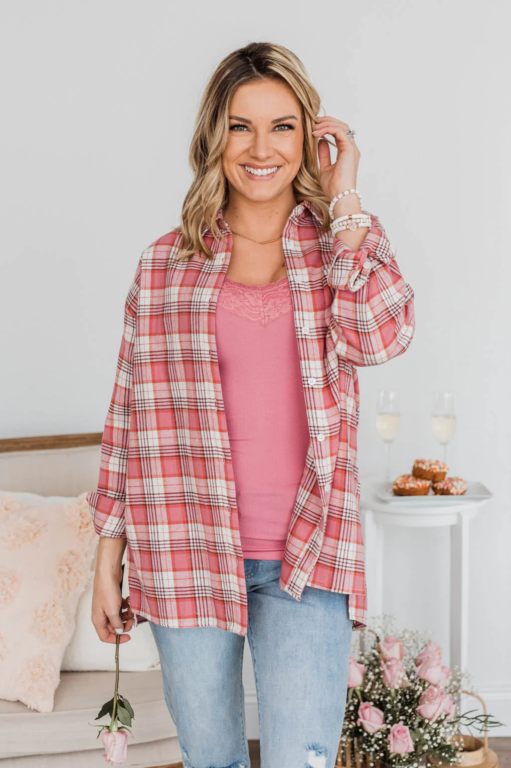 What's Next For Us Plaid Button Top- Red - Image 3