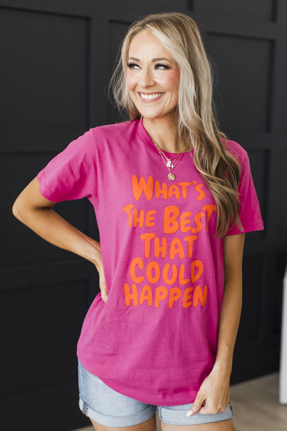 "What's The Best That Could Happen" Graphic Tee- Hot Pink - Image 3