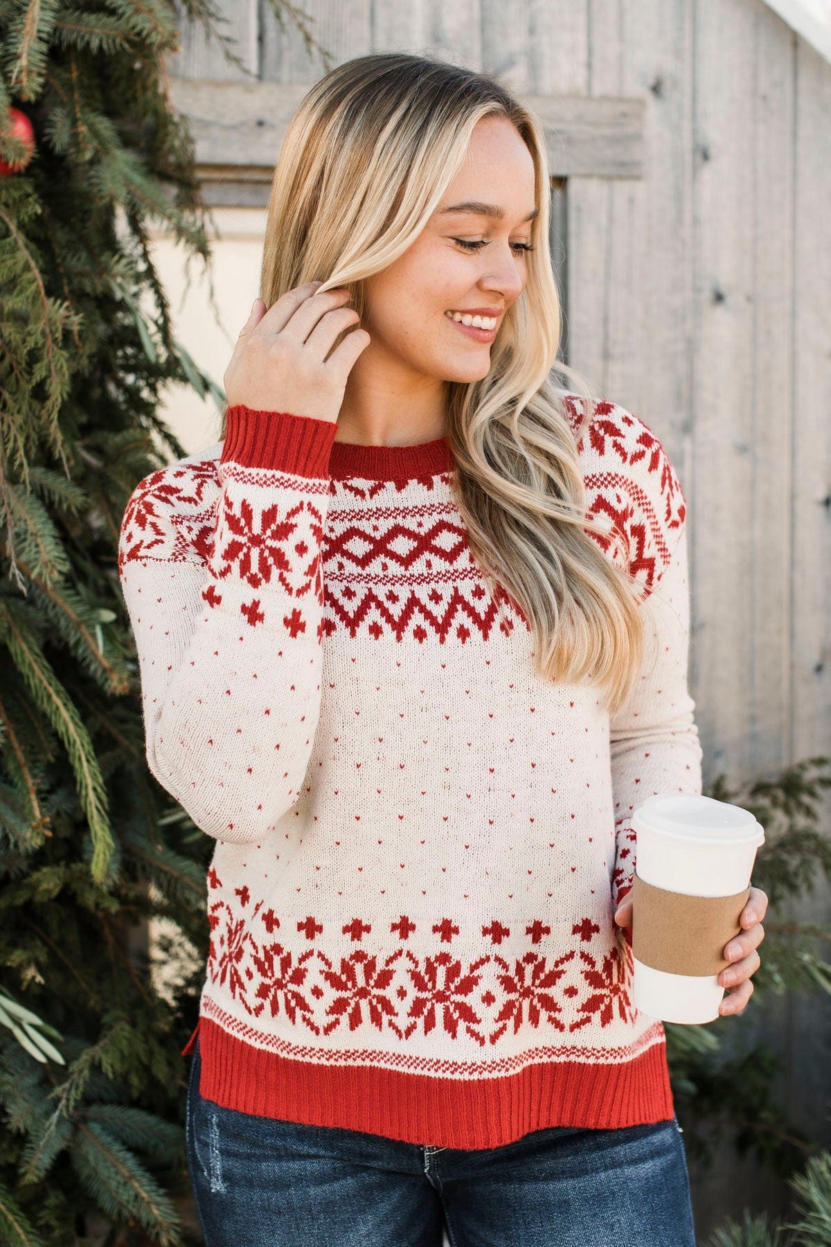 When Snow Falls Knit Sweater- Ivory & Red - Image 3