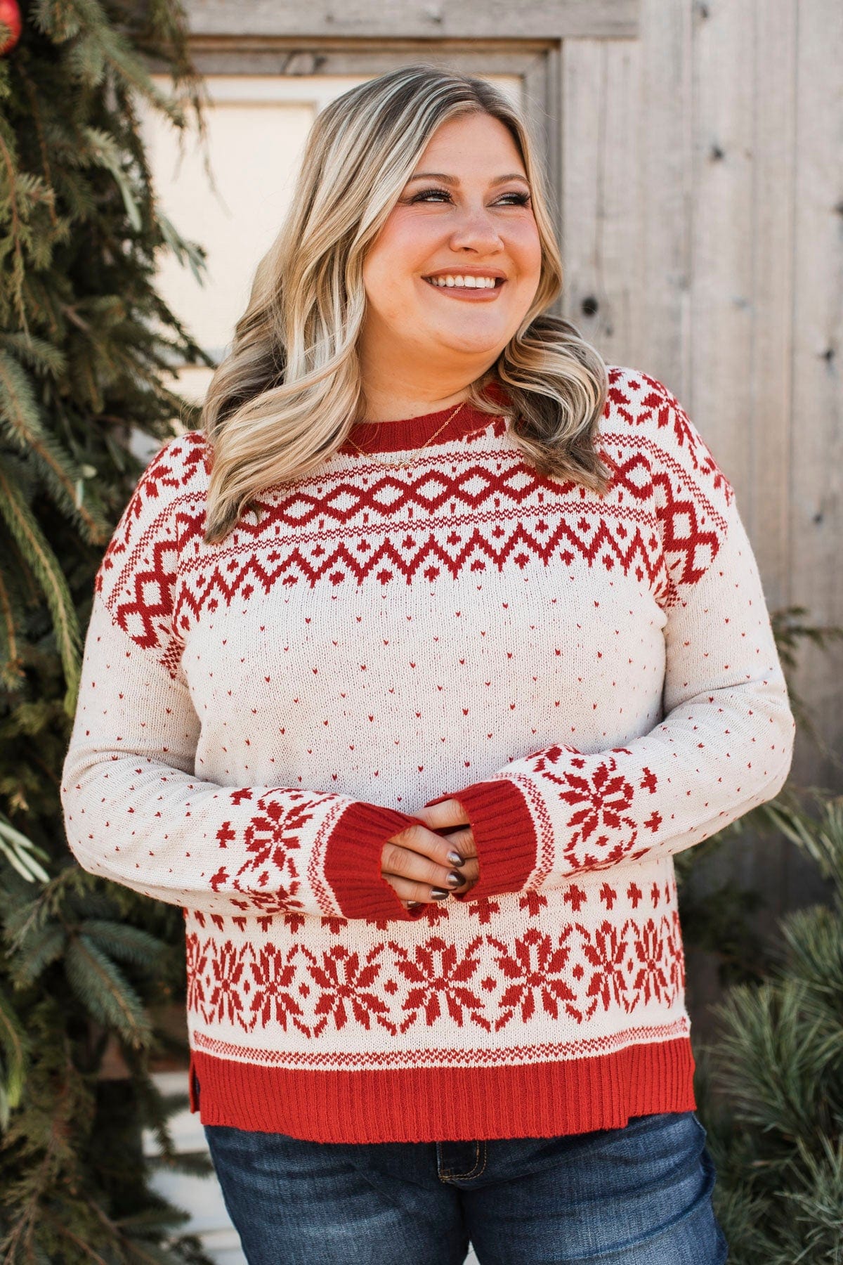 When Snow Falls Knit Sweater- Ivory & Red - Image 5