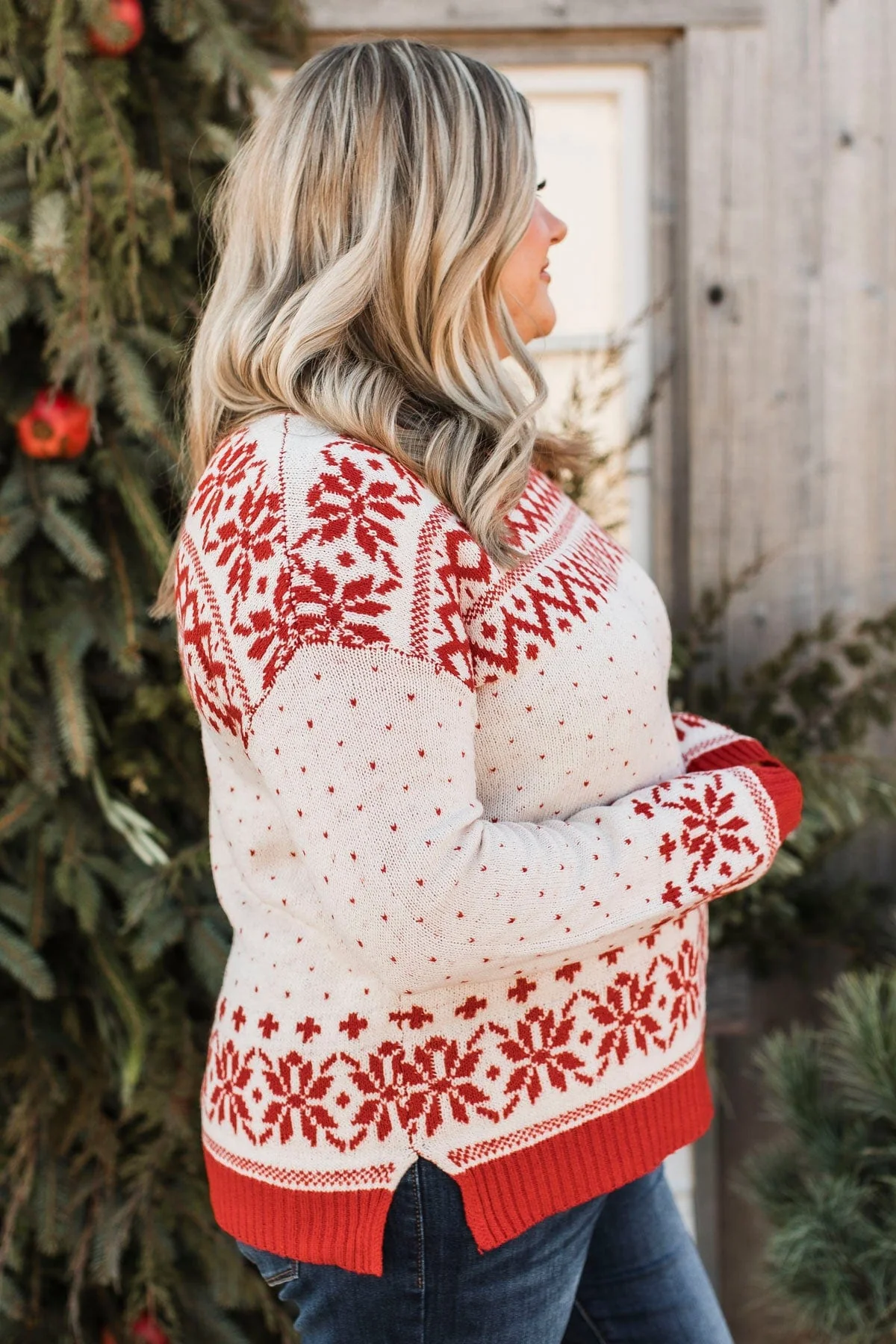 When Snow Falls Knit Sweater- Ivory & Red - Image 7