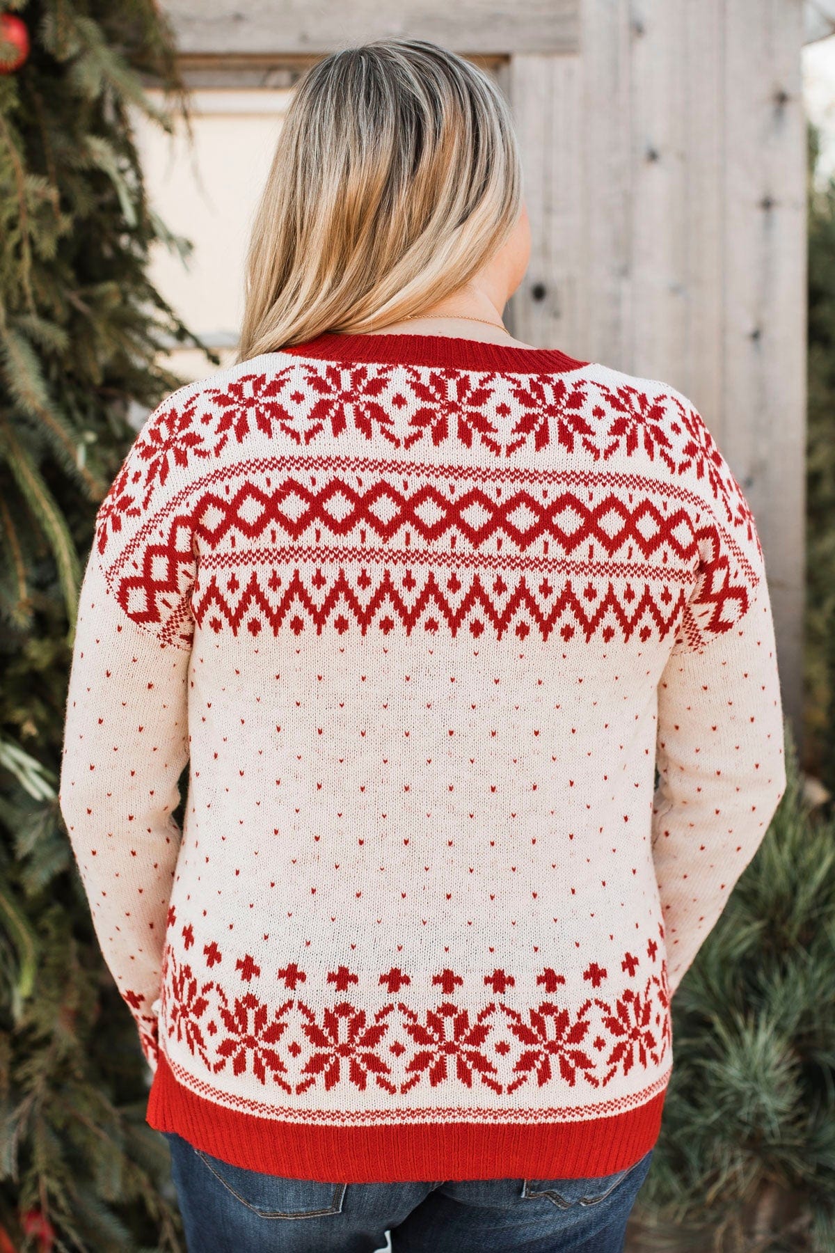 When Snow Falls Knit Sweater- Ivory & Red - Image 9