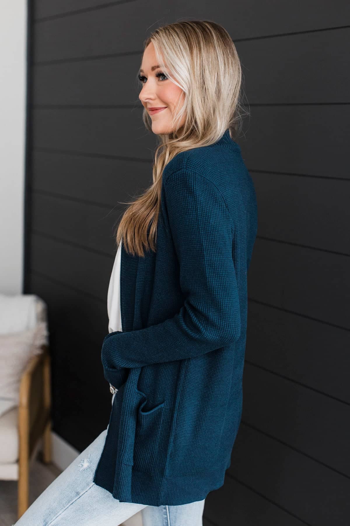 When We Met Waffle Knit Cardigan- Dark Teal - Image 5