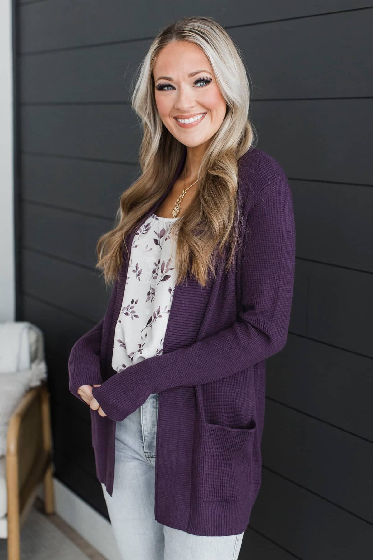 When We Met Waffle Knit Cardigan- Eggplant - Image 2