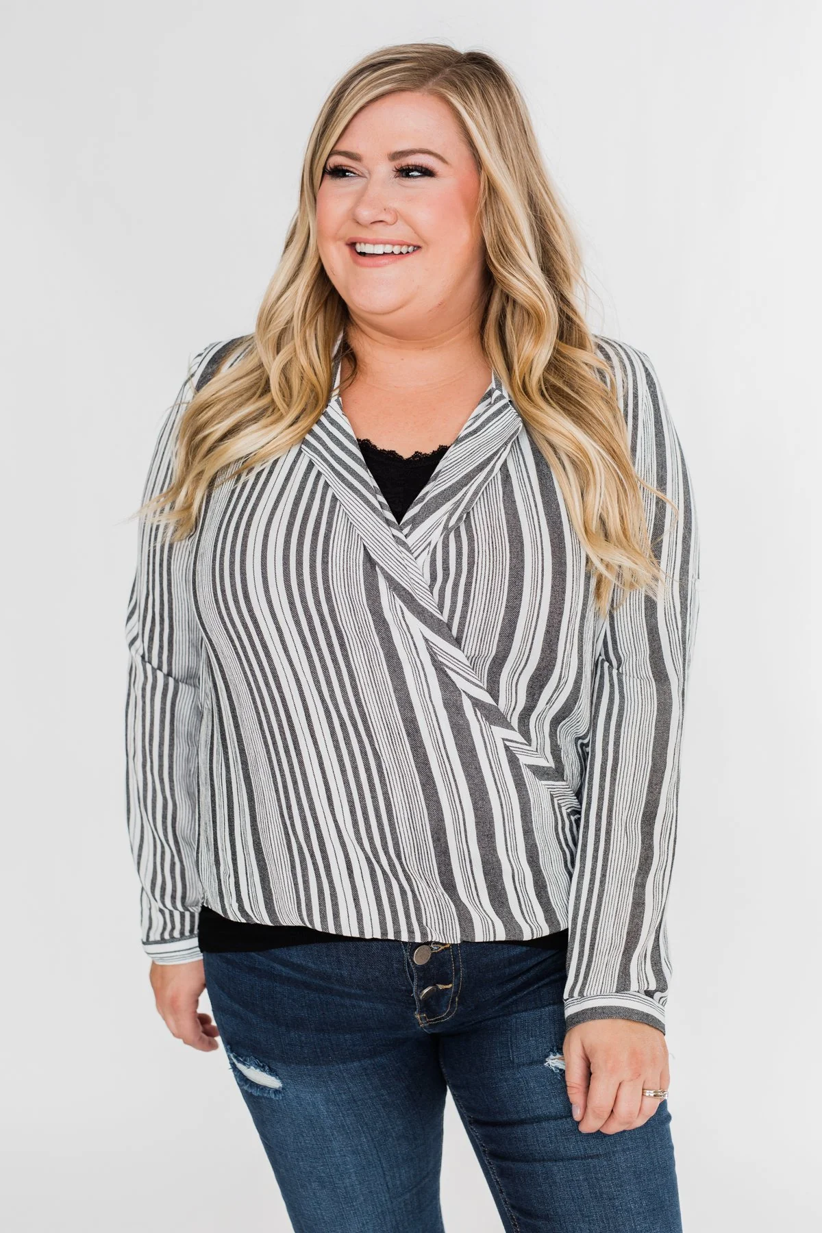 When You're Around Long Sleeve Striped Top- Charcoal & Ivory - Image 7