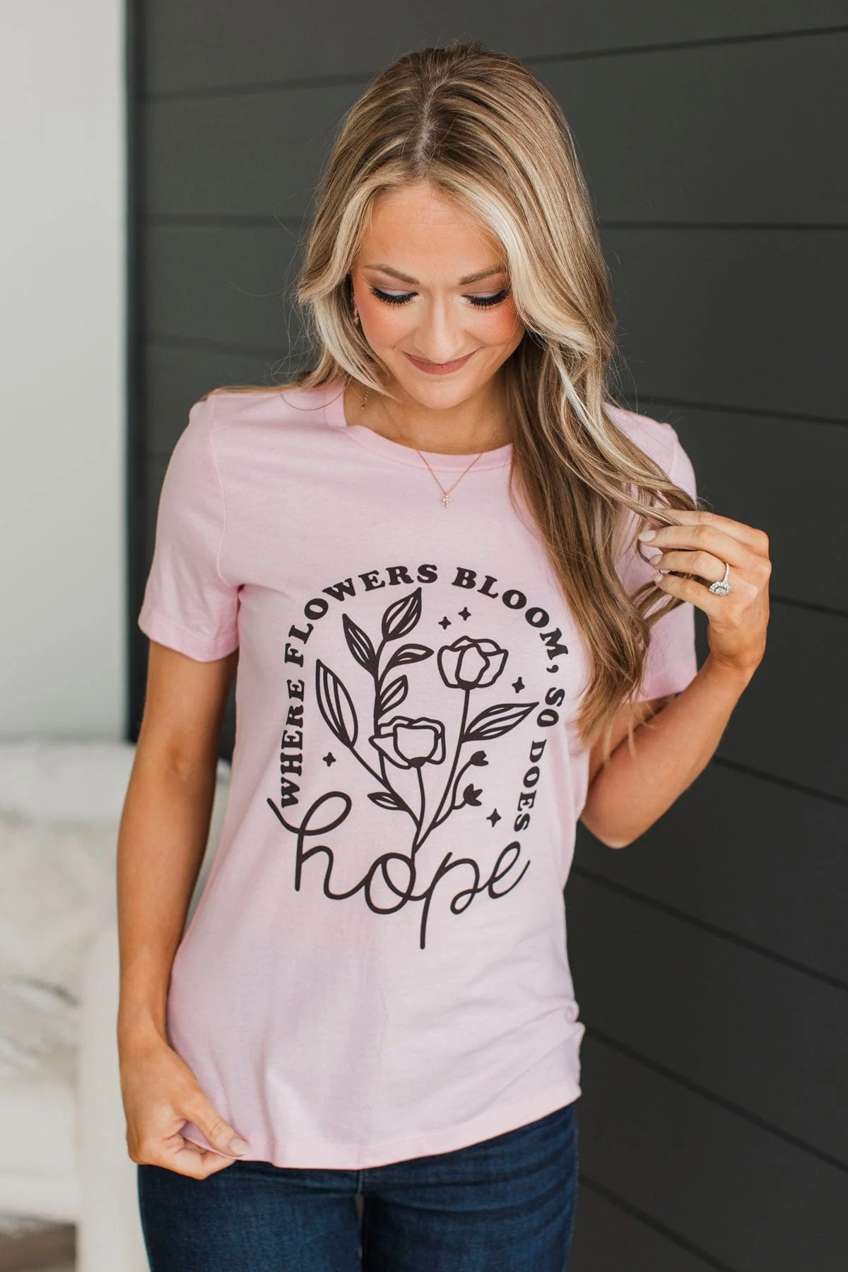 "Where Flowers Bloom, So Does Hope" Graphic Tee- Pink - Image 3