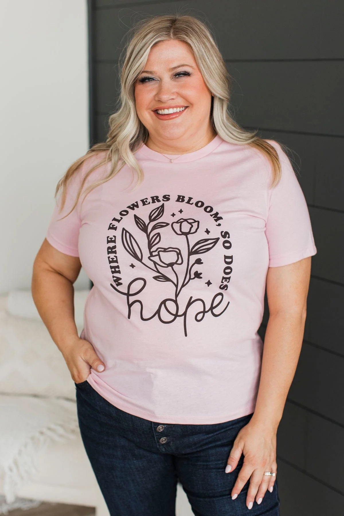 "Where Flowers Bloom, So Does Hope" Graphic Tee- Pink - Image 4