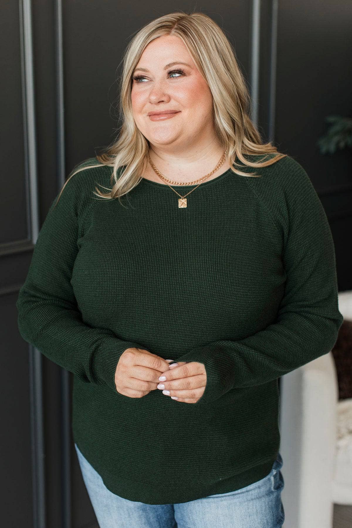 Where I Belong Waffle Knit Sweater- Forest Green - Image 2