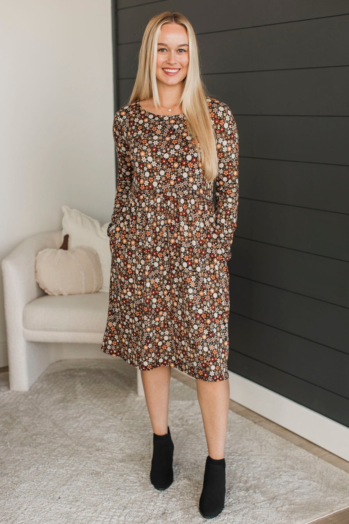 Where To Begin Long Sleeve Floral Dress- Black & Rust
