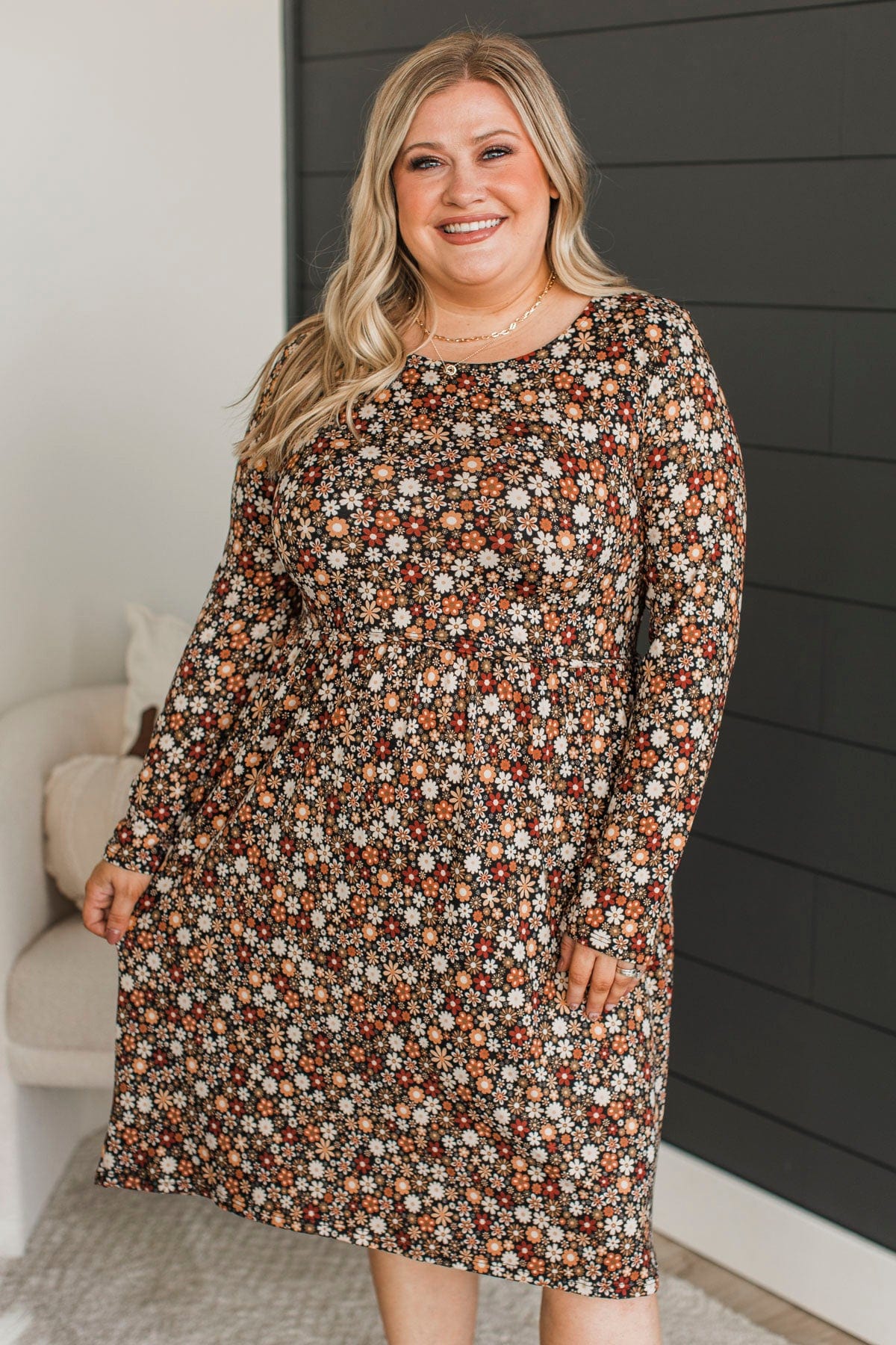 Where To Begin Long Sleeve Floral Dress- Black & Rust - Image 2