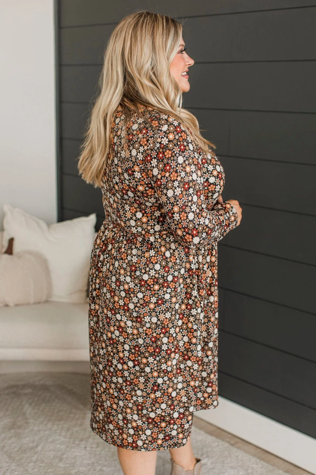 Where To Begin Long Sleeve Floral Dress- Black & Rust - Image 4